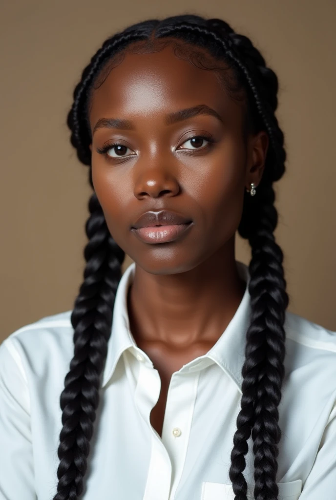 Black Woman - The image shows a black woman.Braided Hairstyles - The woman's hair is in a black braided hairstyle.Clear Skin - The woman's skin is healthy and bright.Naked upper body - The woman is shown with her upper body exposed.Denim Jacket - The woman is wearing a denim jacket.Serious expression - The woman's expression is serious and she is photographed looking up.Bright background - The background is white and bright.