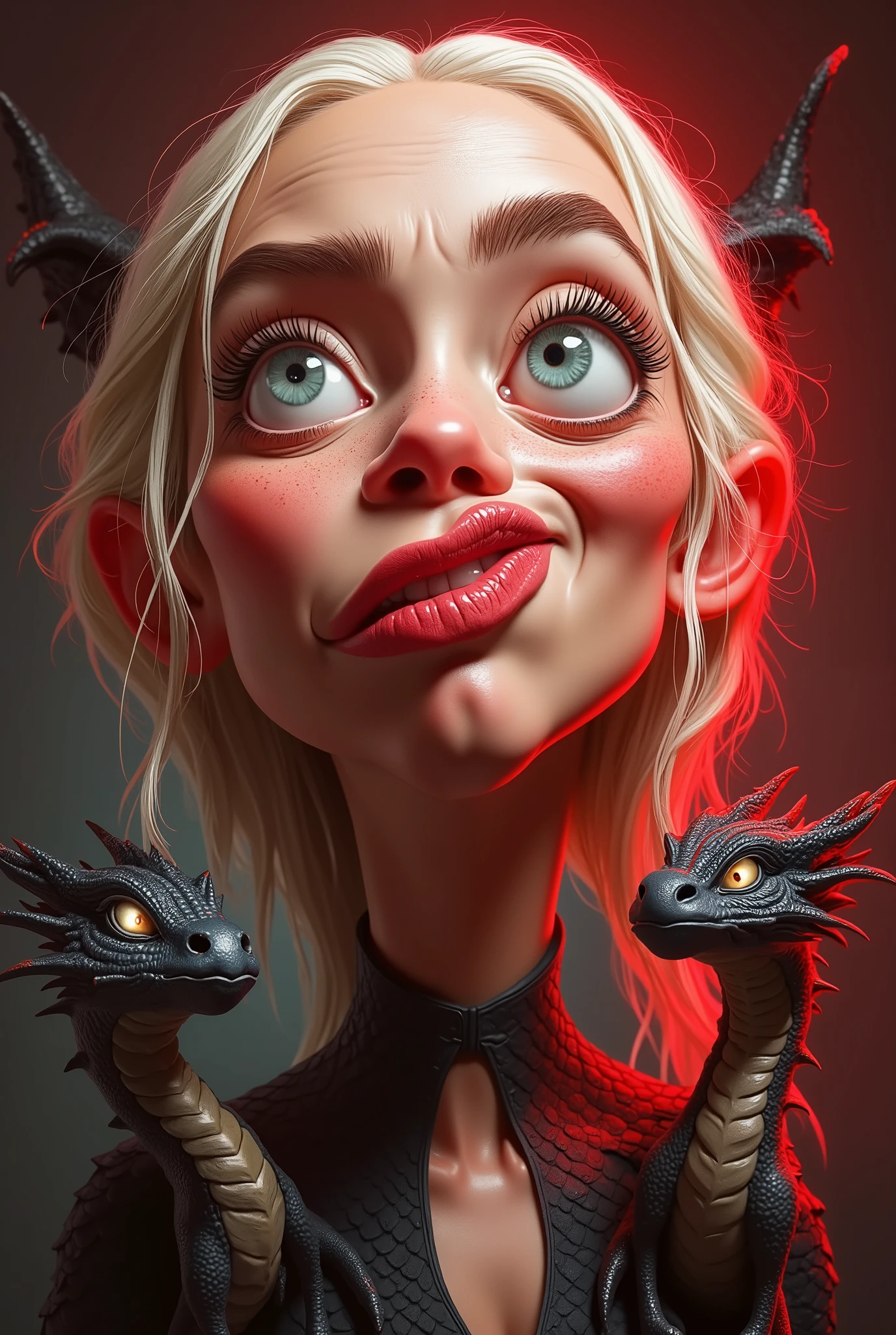 a cartoon caricature of Daenerys Targaryen with 3 small dragons, portrait, exaggerated features with a large nose and big eyes, realistic, detailed, glowing red lighting, 4K.