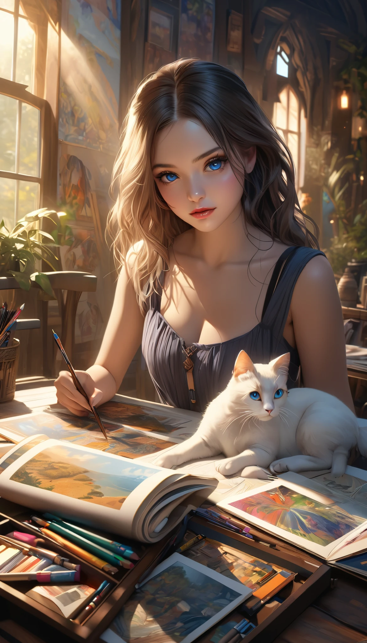 Realistic Drawing, 8k, Charcoal Pencil Drawing, drawing of a woman sitting at a table with a cat, digital art of an elegant man, drawn with photoshop, sensual digital painting, outlined art, digital sketch, ambient occlusion:3, intense line art , Detailed woman, soft contours, sketched 4k, succubus in sundress portrait, in the style of Digital Painting, line art portrait