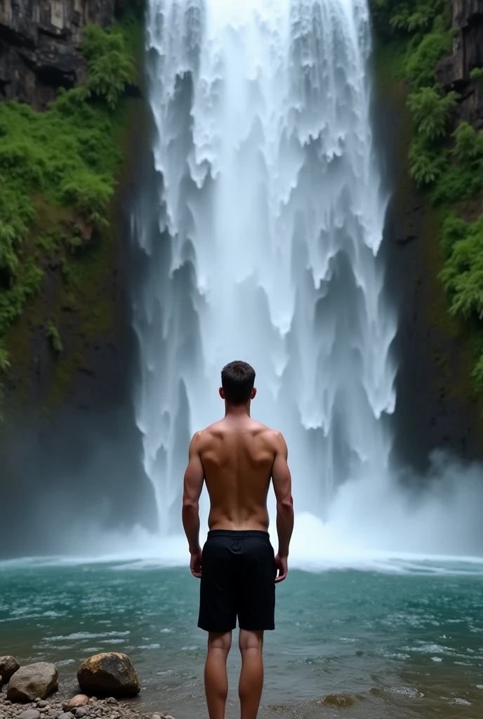 high resolution, ultra realistic and artistic, akira style, person in more modern and elegant attire, most muscular man, bright coloured, wearing no shirt, man and nature, stronger colors, White sneakers, looking at the waterfall