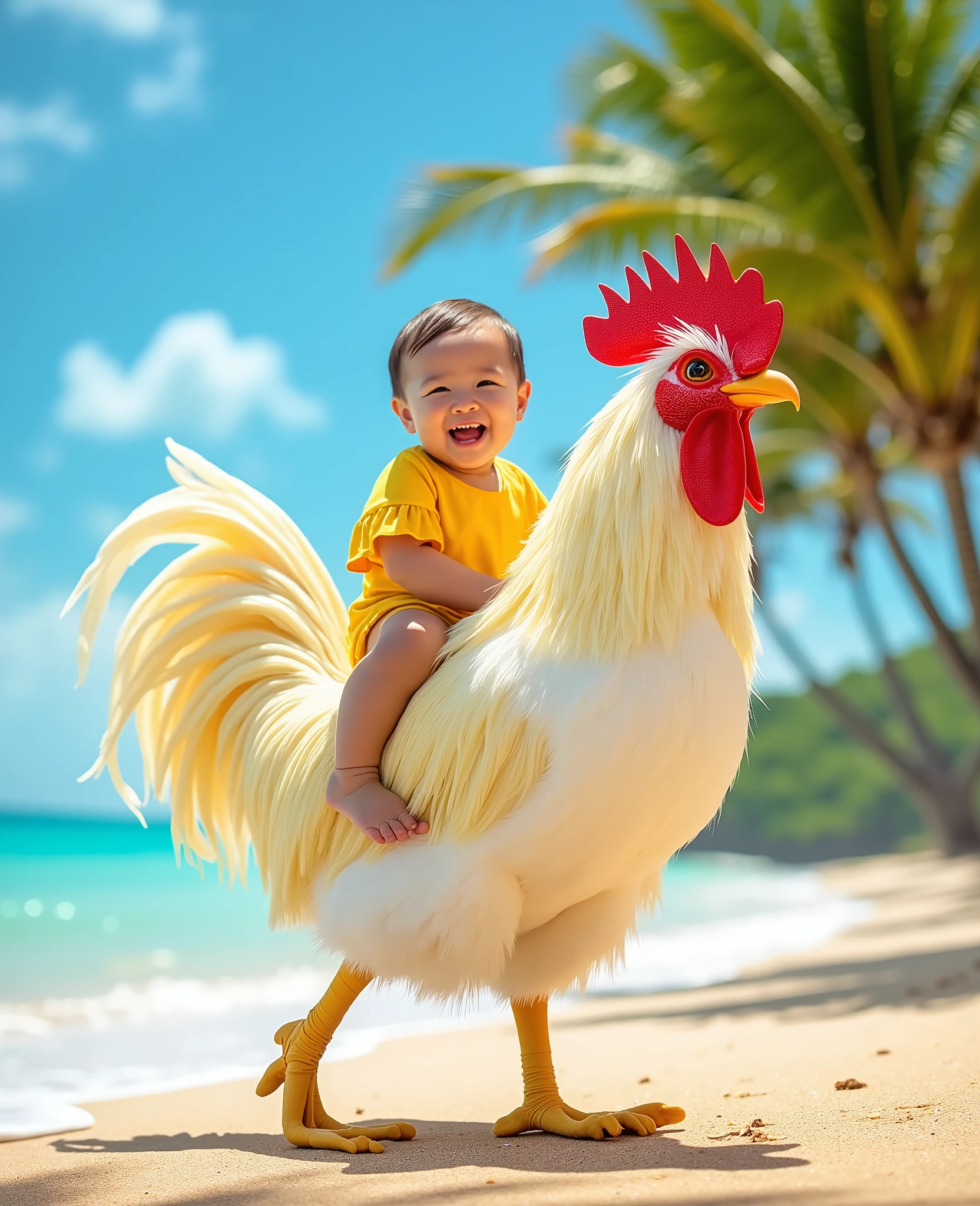 A cheerful dressed in a bright yellow outfit is riding a giant, dazzling white rooster with golden feathers. The rooster is strutting along a beachside path, with sparkling blue waves in the background and palm trees swaying gently in the breeze. The scene captures a tropical, fun-filled atmosphere.
