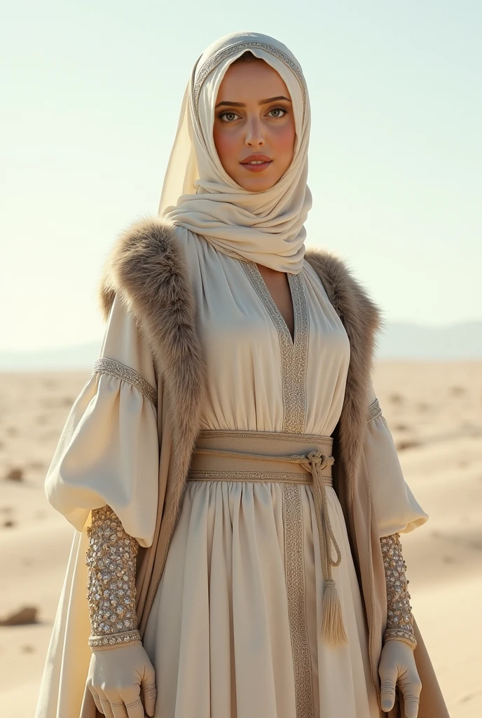 (((best quality))),(((ultra detailed))),(((masterpiece))),illustration,((A beautiful Muslim girl,solo)),((slim,thin)),summer,(in desert:1.3),white headscarf,(white abaya:1.3),(standing:1.3),radiant smile,fair complexion,sun rays,gentle breeze,elegant attire,vast expanse,golden sand,azure sky,dunes,stillness,graceful elegance,(from back:1.3),(upper body:1.3),(shoulder off:1.2),(bare back:1.3),(towering hips:1.3),(butt crack:1.3)