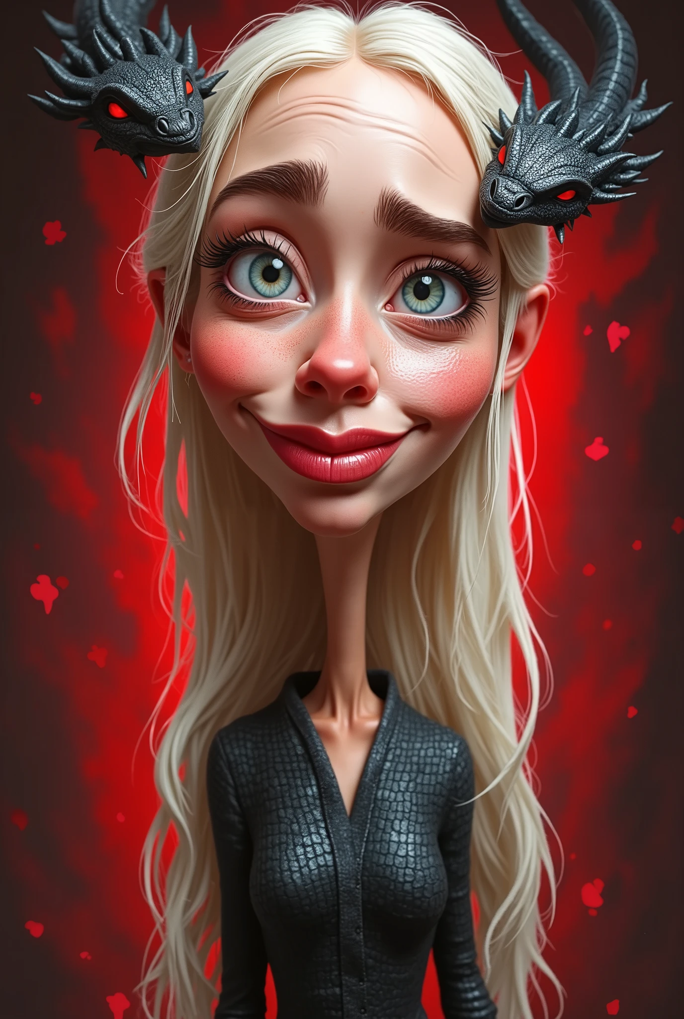 a cartoon caricature of Daenerys Targaryen with 3 small dragons, portrait, exaggerated features with a large nose and big eyes, realistic, detailed, glowing red lighting, 4K.