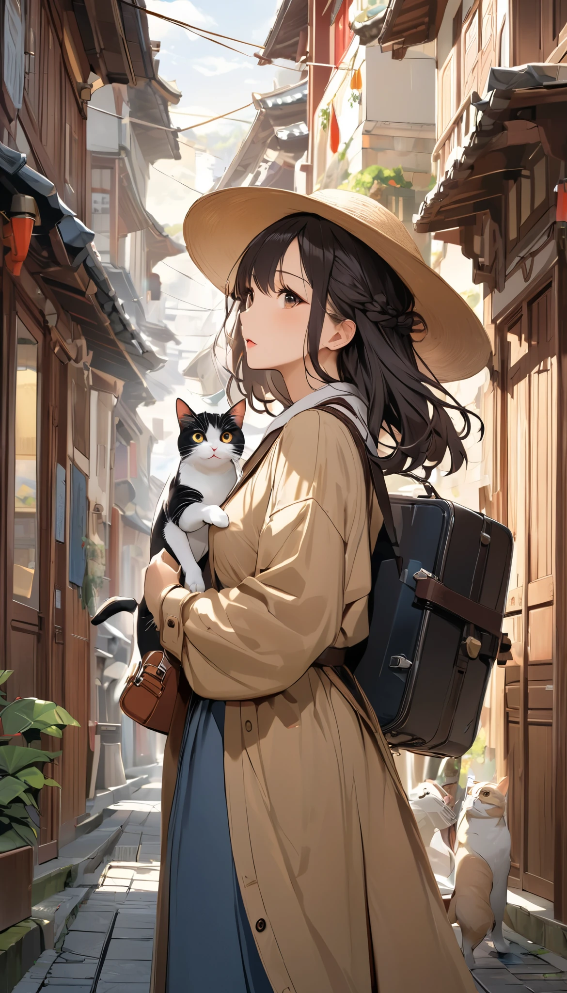 masterpiece, best quality, A beautiful woman 、 is traveling with her cat , let's create a wonderful adventure to unfold,