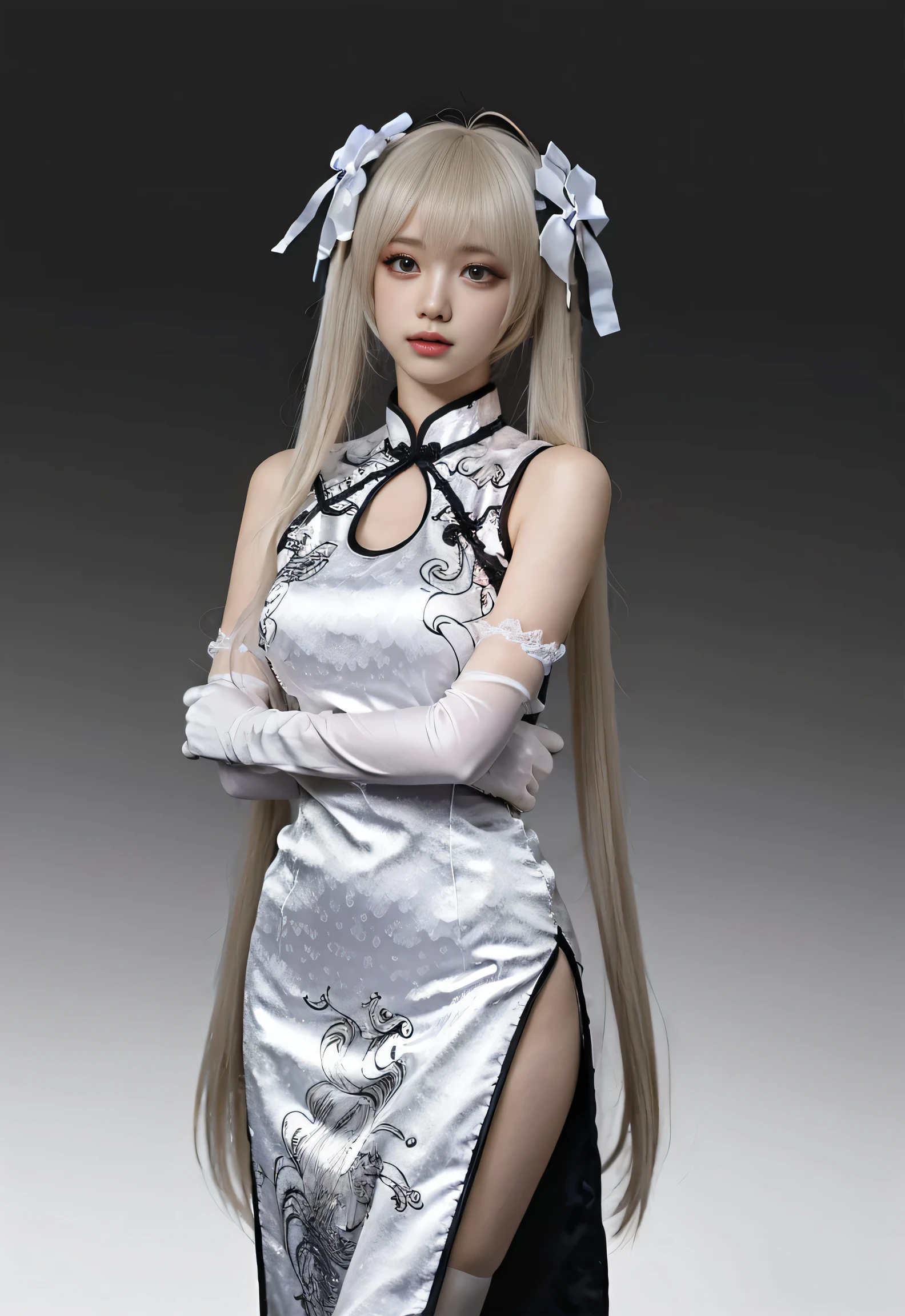 silver hair, long hair, bangs, volume hairs, kasugano sora, long white hair, twintails, hair ribbon, hair ornament, china dress, elbow gloves, thighhighs, china dress ornament, (flashing thighs:1.2), armpits, (side body view:1.2), pelvis line, seductive pose, see-through pelvis line, focus on shoulder,best quality, quality, masterpiece, photorealistic, 1girl, solo, full body, standing,simple grey background,illustration, an extremely delicate and beautiful, extremely detailed ,CG ,unity ,8k wallpaper, Amazing, finely detail, masterpiece,best quality,official art,extremely detailed CG unity 8k wallpaper,absurdres, incredibly absurdres, huge filesize, ultra-detailed, highres, extremely detailed,beautiful detailed girl, extremely detailed eyes and face, beautiful detailed eyes,light on face,cinematic lighting,see-through,realistic