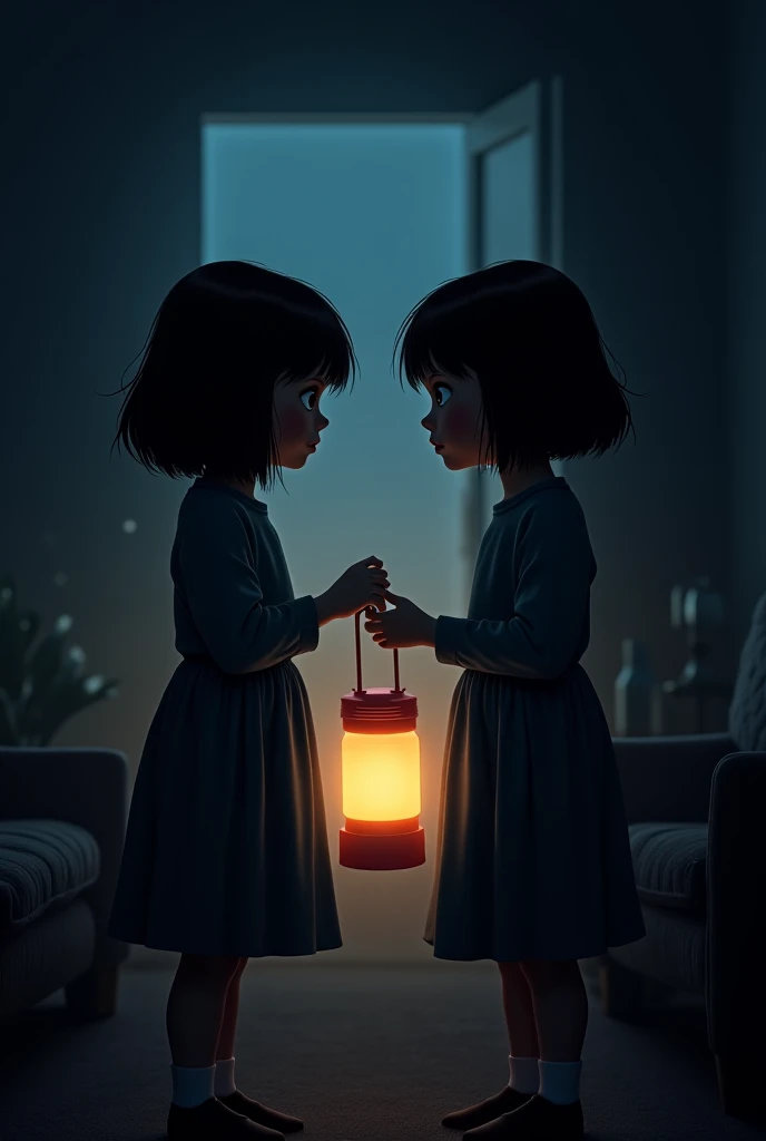 girl holding the hand of a small shadow at night in a room