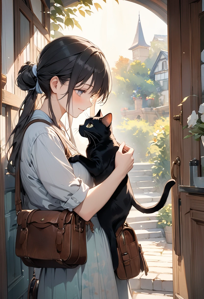 A gentle and gentle scene depicting a black cat and a painter getting ready to go out at the entrance where the sun is strong, The sight of a long-haired painter with hair tied up putting a black cat on his shoulder and the black cat gently touching the painter's face is heartwarming, The scene is portrayed in a watercolor style with very pale pastel colors, The dynamic angle captures the essence of the early morning light softly illuminating the artist and the cat, The painter has an antique leather bag covered with paint in his hand and is looking forward to going out with the black cat, creating a happy atmosphere, UHD, retina, masterpiece, accurate, anatomically correct, super detail, high details, high quality, best quality, highres, 16k