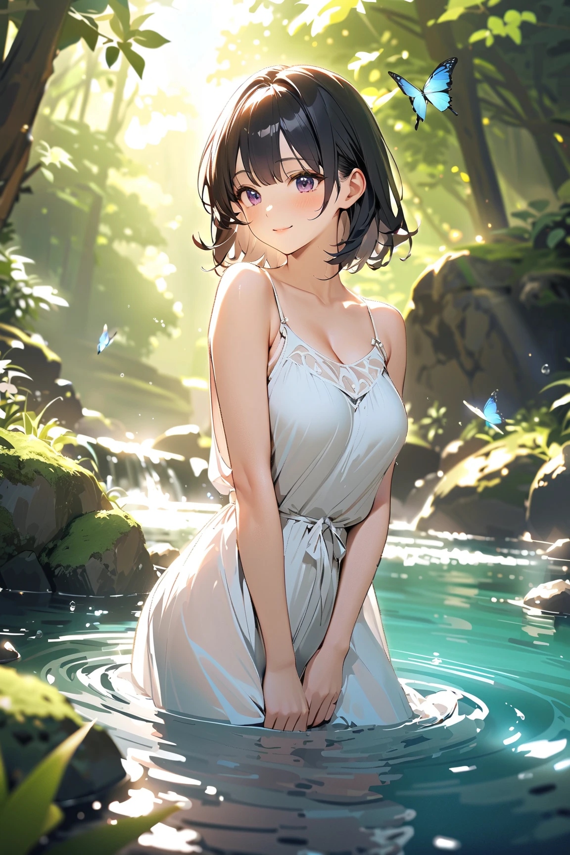 Masterpiece, best quality, (very detailed CG unity 8k wallpaper) (best quality), (best illustration), (best shadows) Vibrant colors, jungle, water, natural beauty, peaceful oasis , cherry tree, blue sky ray tracing, super detailed 