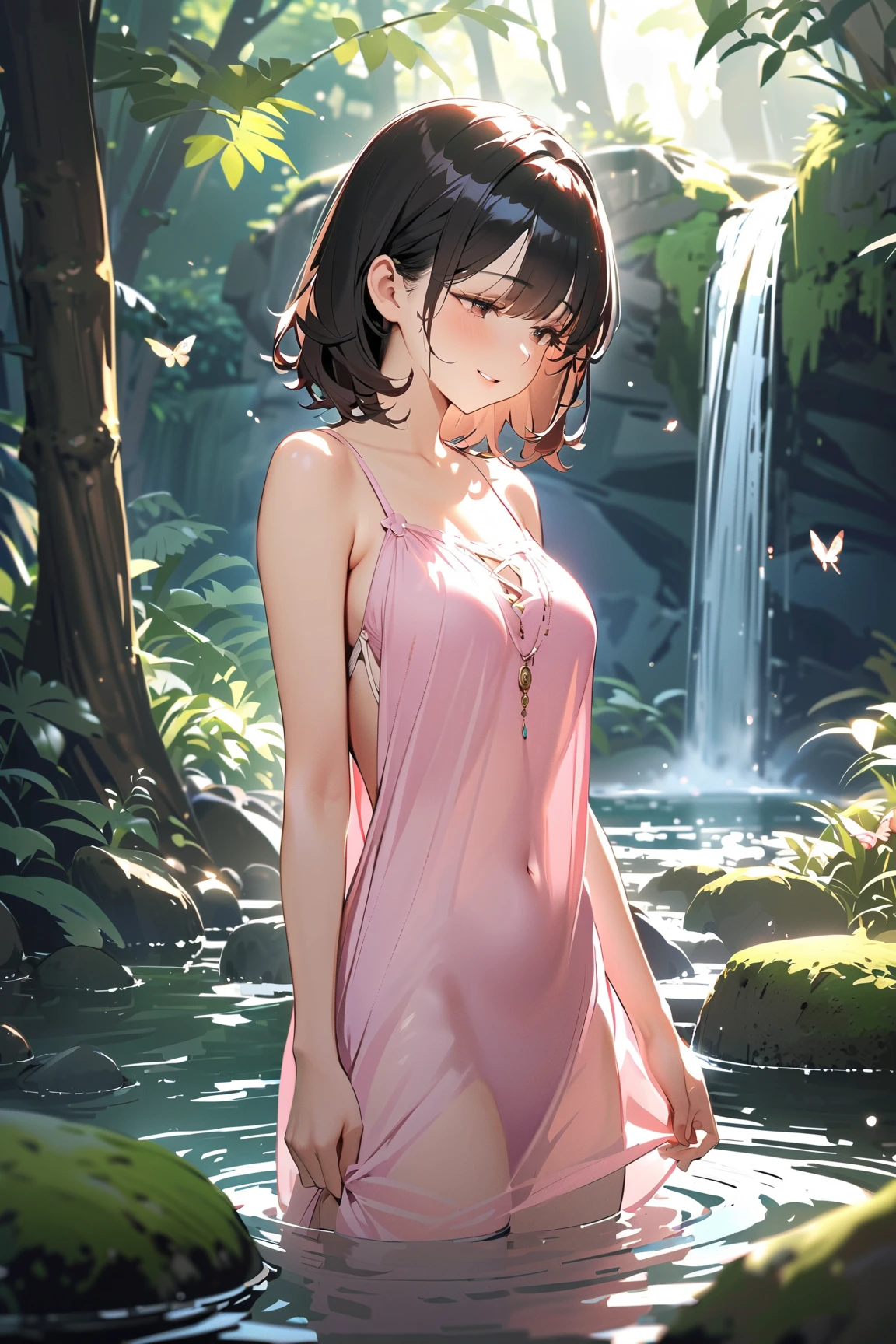 (Gal Gadot:Evangeline Lilly), (looking at viewer, light smile, ), brown hair, brown eyes, long hair, hair_flying, Fluttering hair, flying_hair, ((Transparent glasses, glasses, glasses_on_nose)), ((white dress)), (downblouse), (no bra), sexy, charming, stunning, enhance, delicate, (pale skin, real_skin), sunlight, spring, field of flowers, (flowers in the hair), outdoor, best quality, high quality, highres, 8k, photo realistic.