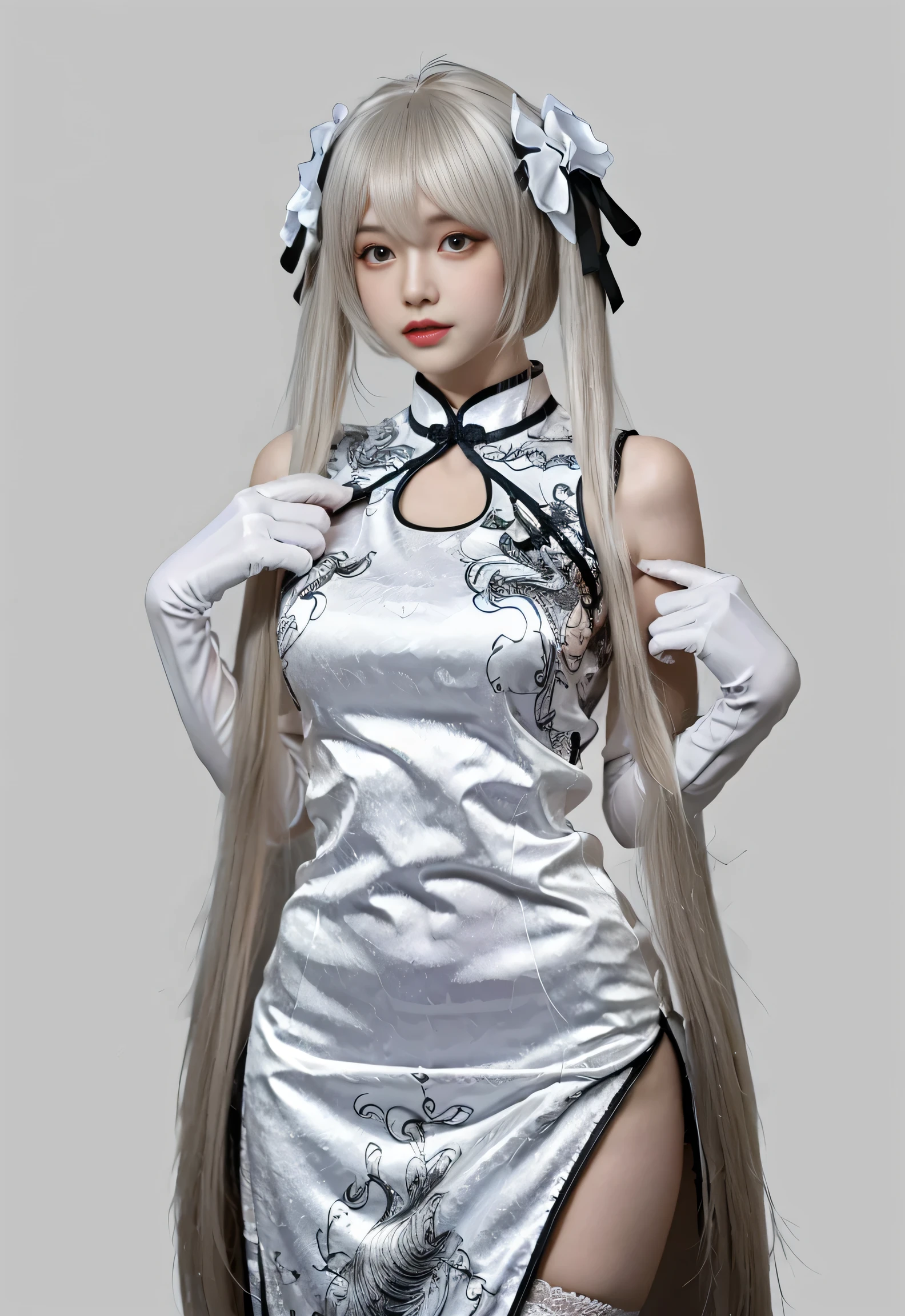 1girl, solo, full body, standing,simple grey background,silver hair, long hair, bangs, volume hairs, kasugano sora, long white hair, twintails, hair ribbon, hair ornament, china dress, elbow gloves, thighhighs, china dress ornament,armpits, pelvis line, seductive pose, see-through pelvis line, focus on shoulder,best quality, quality, masterpiece, photorealistic, illustration, an extremely delicate and beautiful, extremely detailed ,CG ,unity ,8k wallpaper, Amazing, finely detail, masterpiece,best quality,official art,extremely detailed CG unity 8k wallpaper,absurdres, incredibly absurdres, huge filesize, ultra-detailed, highres, extremely detailed,beautiful detailed girl, extremely detailed eyes and face, beautiful detailed eyes,light on face,cinematic lighting,see-through,realistic