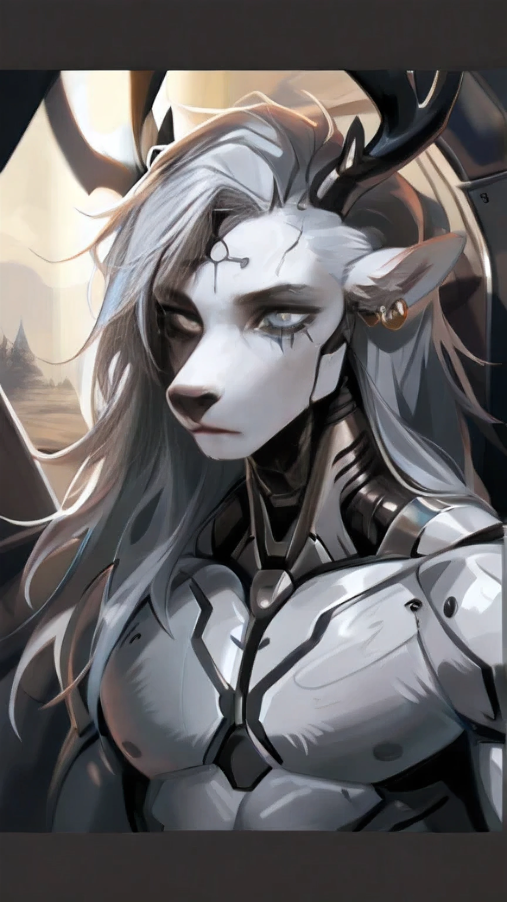 Furry, Male wendigo, jackal, artificial face, white face, white fur, white skin, thick black antlers, deer horns, black horns, angelic wings, long hair, masculine hair, white cyborg arms, rune on forehead, silver hair, cyborg, black nose, gray eyes, piercings, metallic neck, detailed eyes, perfect eyes, black pupils, big circular reflective eyes, furgonomics, digitigrade, detailed background, amazing background, close up, facial tattoos, random expression, in the style of mindmachine.