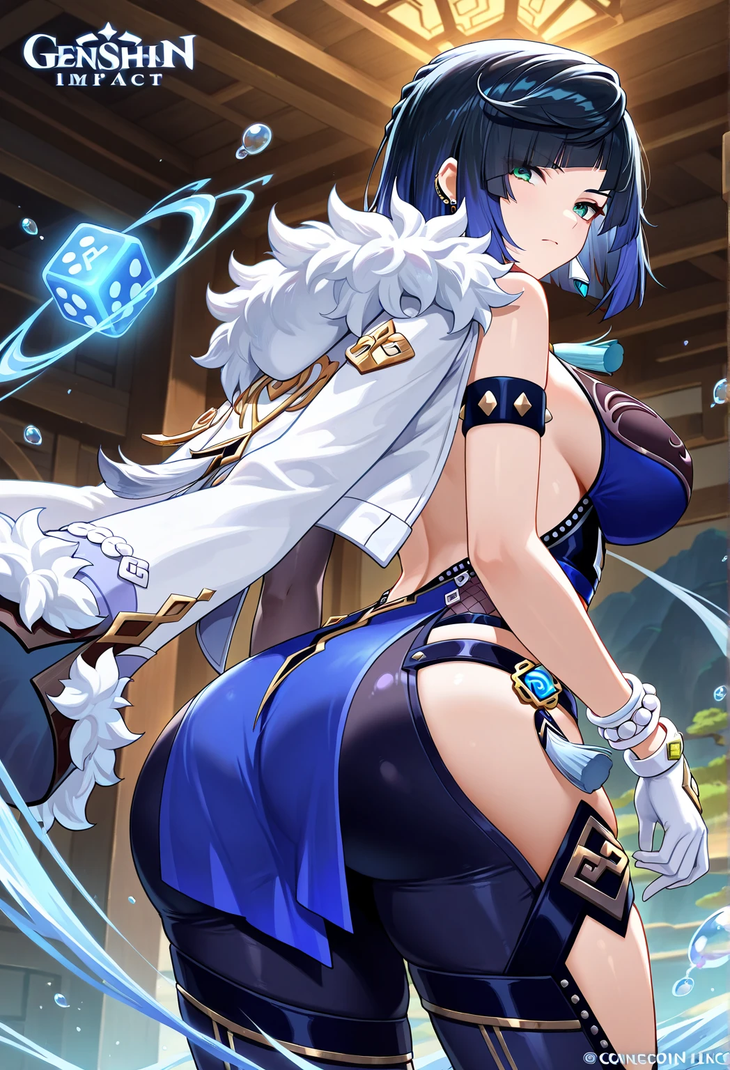 1girl, breasts, yelan_(genshin_impact), solo, large_breasts, blue_hair, cleavage, bangs, bare_shoulders, thighs, vision_(genshin_impact), blue_eyes, fur_trim, diagonal_bangs, multicolored_hair, dice, water, jewelry, parted_lips, short_hair, swimsuit, looking_to_the_side, clothing_cutout, thigh_strap, tassel, one-piece_swimsuit, black_hair