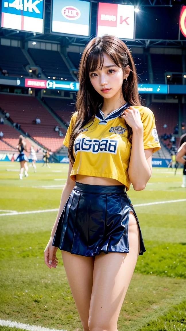 (masterpiece, best quality, photorealistic, raw photo,1 girl, sexy girl, beautiful girl, young girl, solo, Realism,natural light, ray tracing, Subsurface scattering, high-resolution, realistic style, 8k , official art, aesthetic, high contrast, extreme detailed background, soothing tones, realistic, beautiful face, perfect face, detailed face, detailed hair, 20 years old:1.2), blush,Blunt bangs,long hair,detailed pussy (bottomless ,no panties,pussy:1.5),smiling, (from below:1.3), (skirt lift up:1.5), (red and yellow detailed mini skirt:1.3), (cheerleader, cheerleading:1.3),pussy, (stadium:1.3),sexy_cheerleader,crop shirt underboob