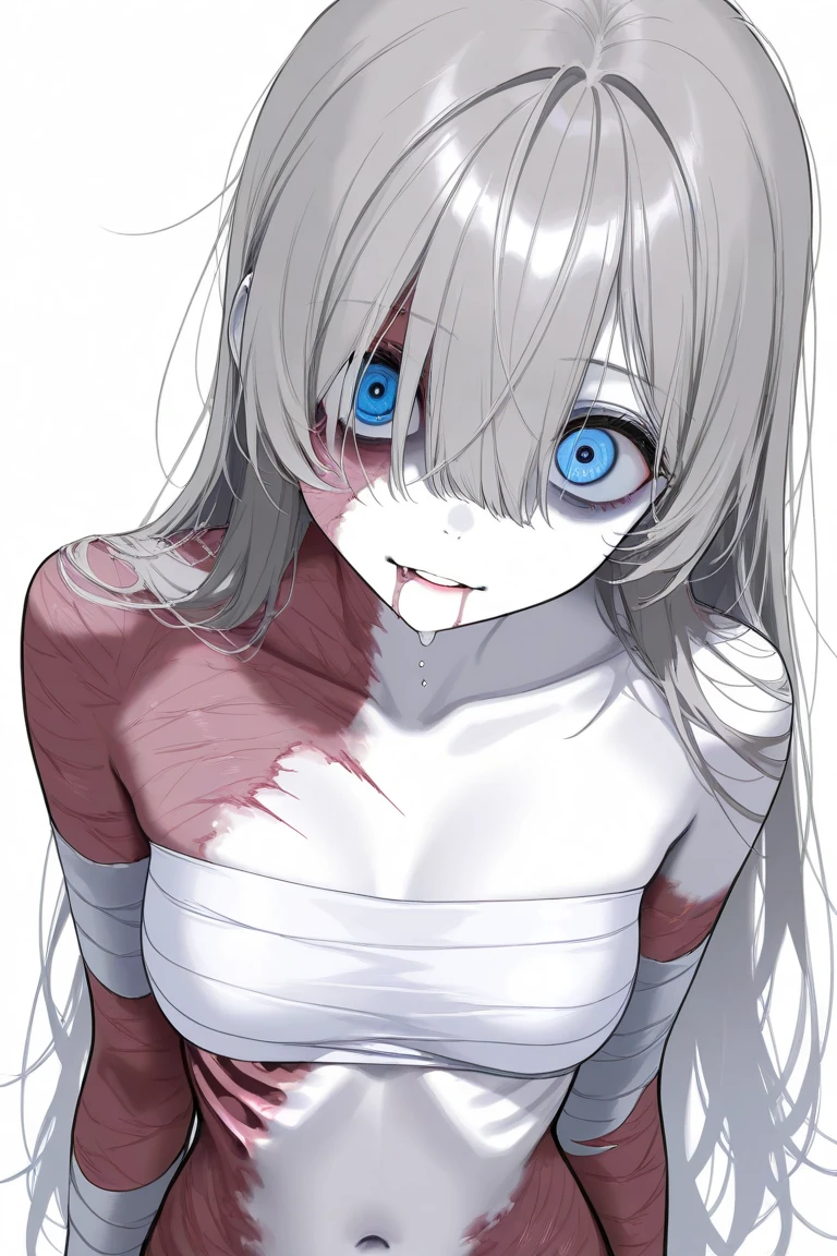 masterpiece, best quality, newest, absurdres, petrification, grey hair, grey sclera, grey eyes, grey skin, no pupils, 1girl, solo, Gotoh Hitori, , (white :1.2), cowboy shot, standing, dynamic, looking at viewer, scared, screaming, outdoors, city, street