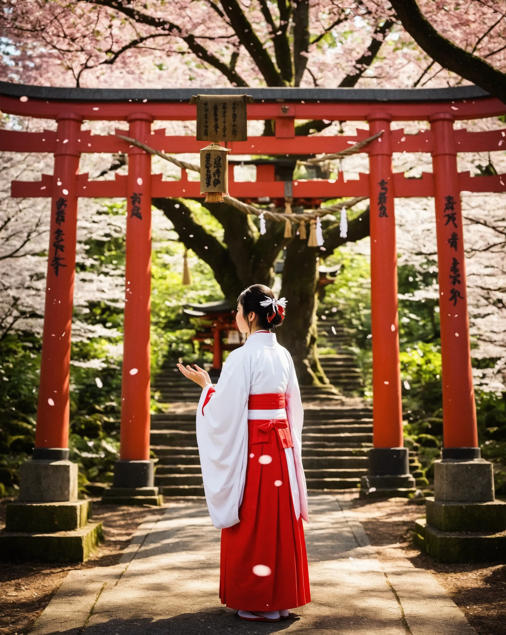 In the forest, a Japanese shrine maiden stands in front of a large old tree, singing a prayer with a mysterious sparkle in her eyes. Small spirits appear around her, emitting soft light and talking to the shrine maiden. The mysterious light shining through the gaps in the thick trees creates a fantastic and sacred atmosphere. The shrine maiden is dressed in a traditional red and white outfit, and has a silent yet powerful appearance. The spirits have a , delicate and otherworldly appearance.