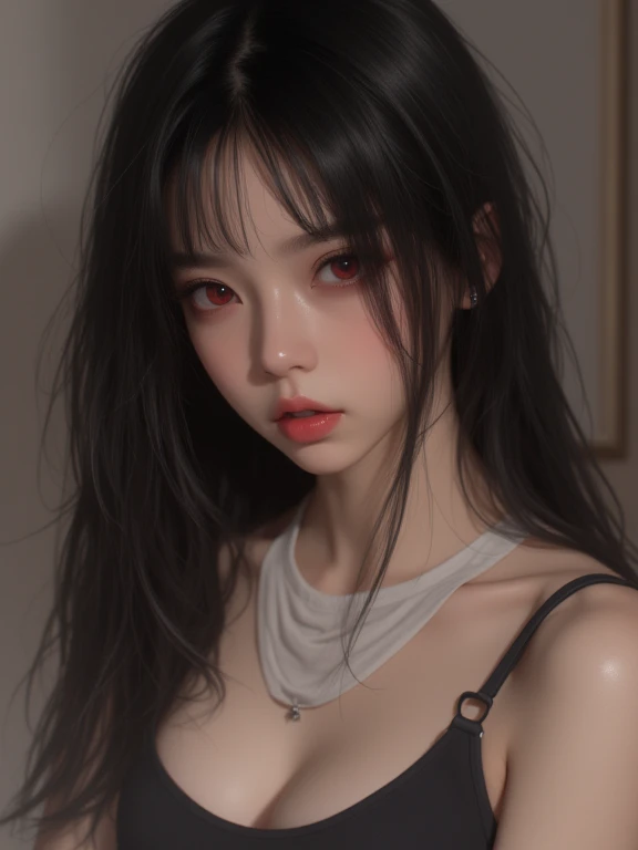 1girl,close up,potrait, pink long hair,hazel eyes,smirk,earings,collar,collar bone,grey cloth,big bosom,armpit(HD,ULTRA HD,SUPER DETAIL,HDR,16K,UNREAL ENGINE)