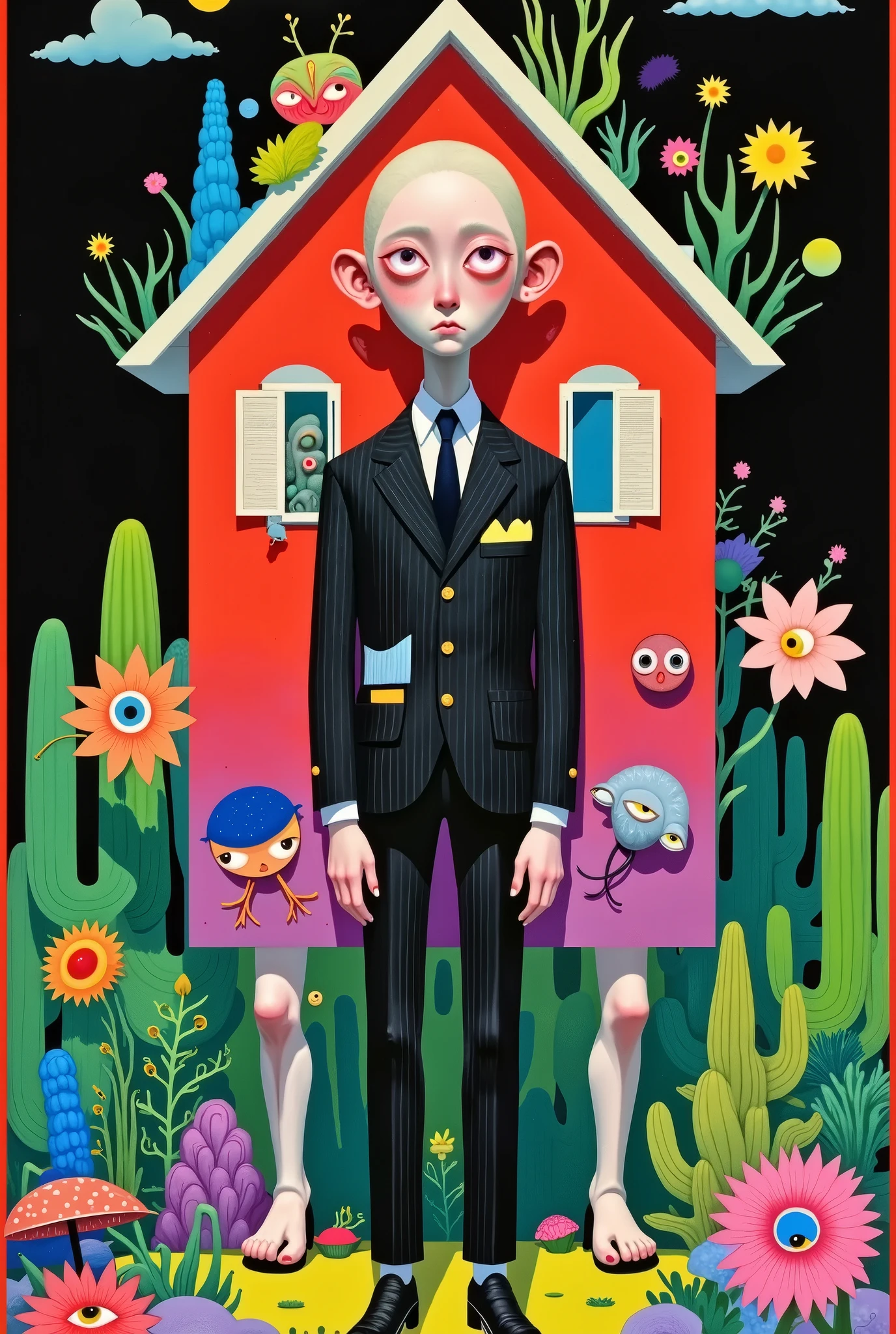 One picture is of a man with a strange face,The background is a house with legs and teeth, A surrealistic painting inspired by Hiroshi Nagai ,, Psychedelic Art, Psychedelic illustration , psychedelic surreal art , colorful flat surreal , surreal psychedelic design , Colorful illustration, Colorful illustration, Psychedelic Painting, colorful flat surreal design, Psychedelic Art style