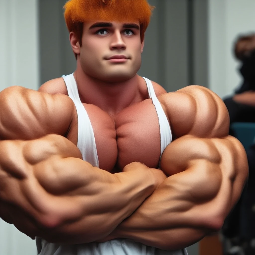impossibly huge muscular blond white guy, very low body fat!!, extremely huge muscles!!!, impossibly thin eaist, enormous shoulders to waist ratio, tremendous biceps, broad shoulders, massive delts, huge traps, meaty forearms, huge triceps, enormous pecs, immense back, impossibly huge lats, extremely ripped 10-pack abs, extremely prominent obliques, moderate body hair, bushy pits and pubes, messy blond hair sticking from armpits and pubes, gorgeous blond hair, sweat dripping, pale white skin, stretch marks, 18 years old, standing, enjoying himself, enjoying being an alpha, young face with soft features, fully naked, everything exposed, no obstructions, attractive young face, whole body and each muscle flexed, eyes closed, visible from waist up, ultra realistic, 8k photo, best render, a bright room