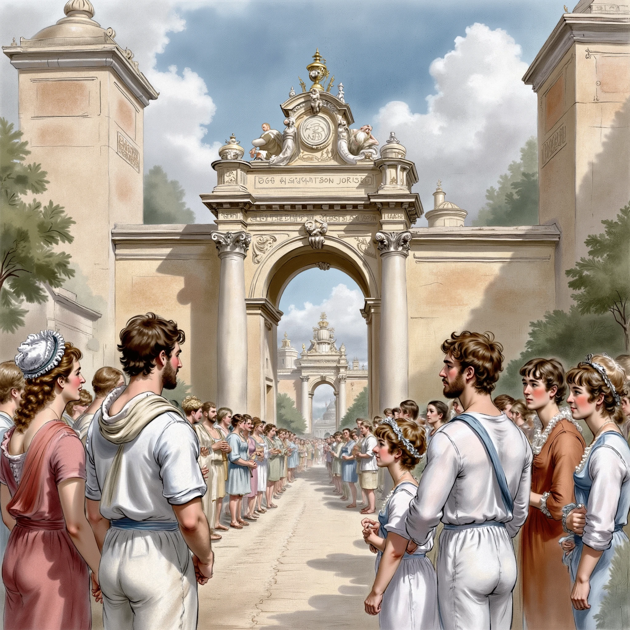 Refrence: " My book of bible story, Ancient Rome.
Onlookers men, women and ren standing at the city gate.
(masterpiece best quality:1.2) delicate illustration ultra-detailed,