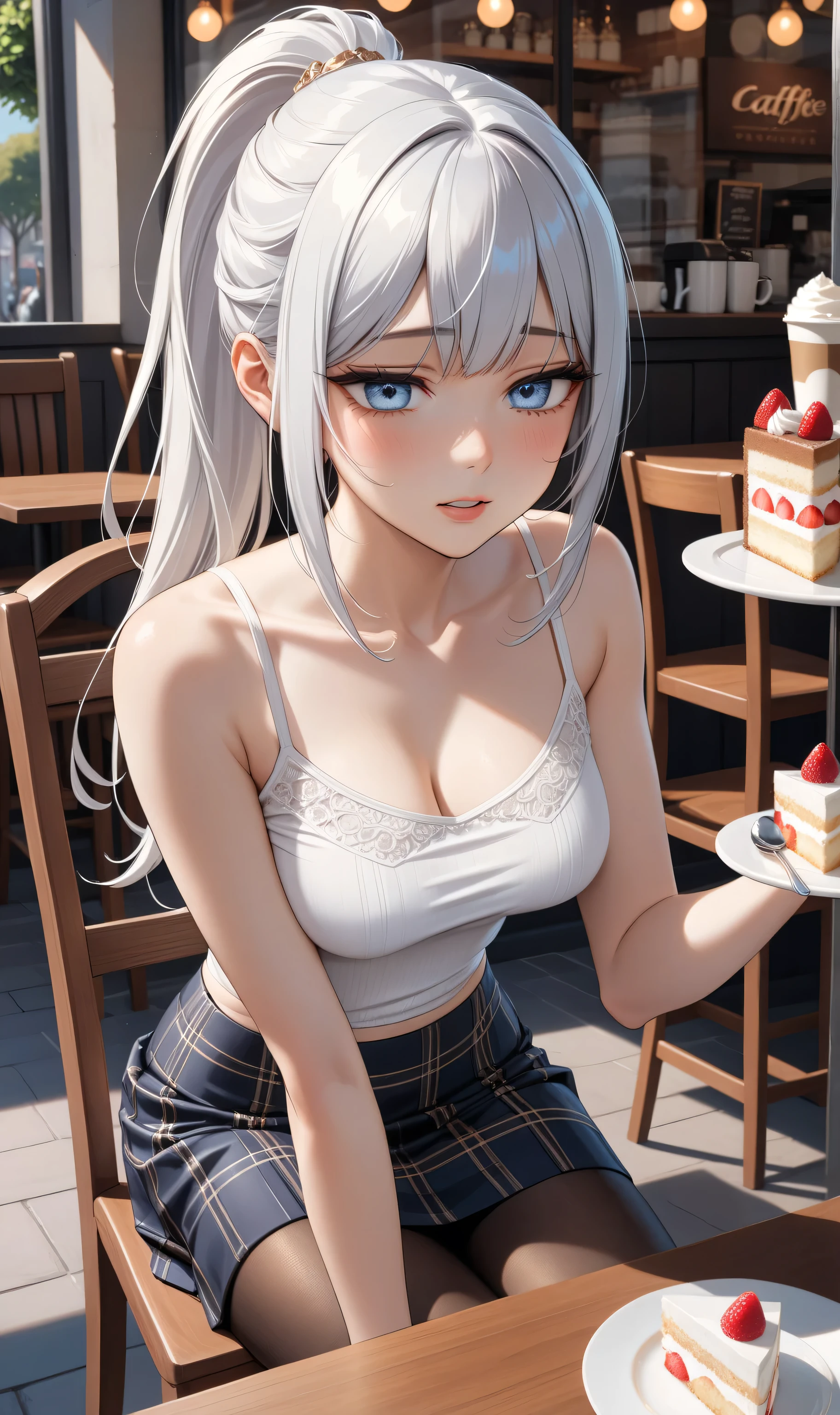 highest quality,cute、Confused face、Inside the cafe、Sitting、Perfect Fingers、Big Breasts、3✕3の目、black eye、Gray Hair、