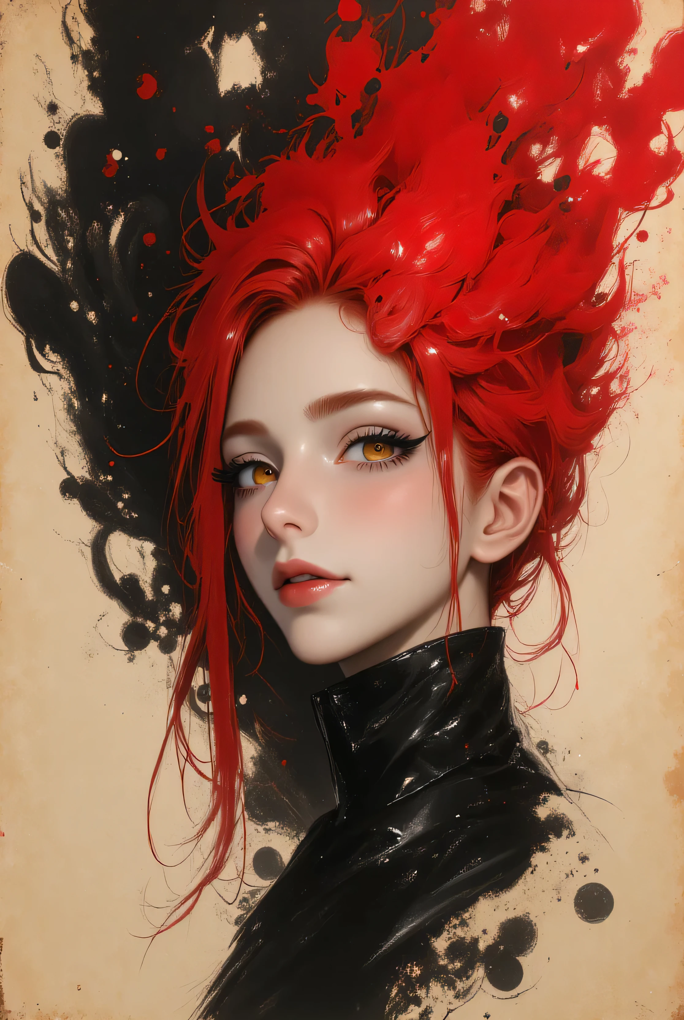a female portrait, black and white sketch painting, old yellowed parchment, ink blots, bold black strokes, simple composition, striking usage of minimal red strokes, touching, kind eyes, elaborate red hair, dark makeup, MAKIMA