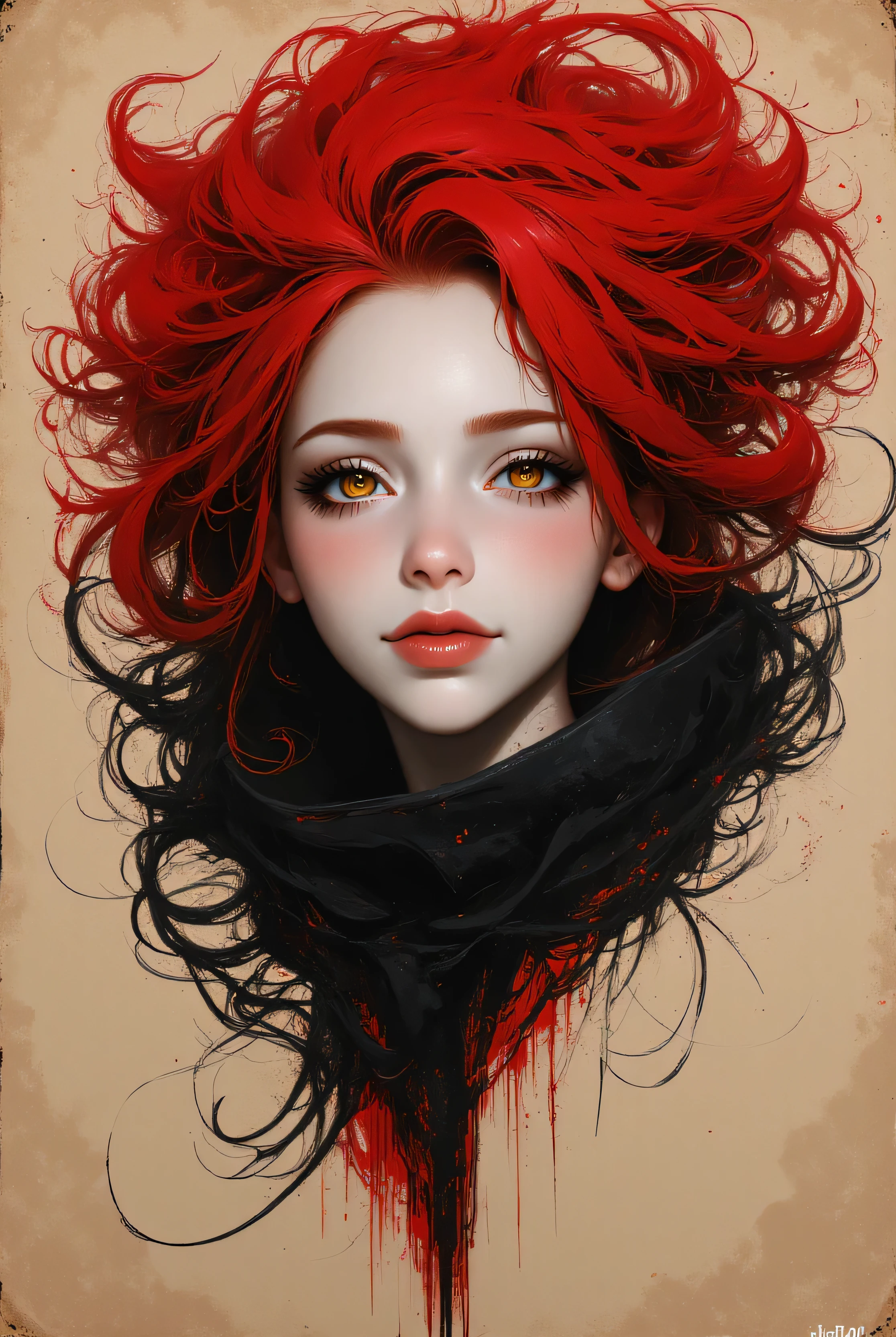 a female portrait, black and white sketch painting, old yellowed parchment, ink blots, bold black strokes, simple composition, striking usage of minimal red strokes, touching, kind eyes, elaborate red hair, dark makeup, MAKIMA