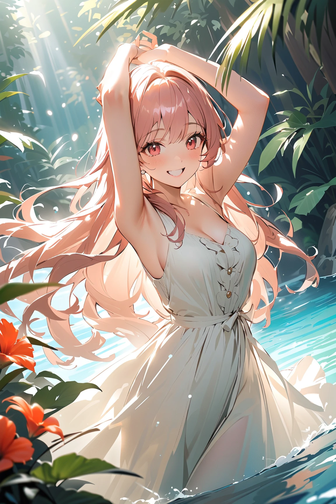 (The wind flipped my skirt and exposed vagina .........................、cute underwear、Beautiful skins、beutiful breast、a blond、Floral dress clothes、long hair, flower hairpin、In the forest park、having sex、((White_Summer_Dress:1.5)、1 girl, solo, Small breasts、Skinny Legs, upskirt, no bra, no panties, shaved vagina, pink nipples