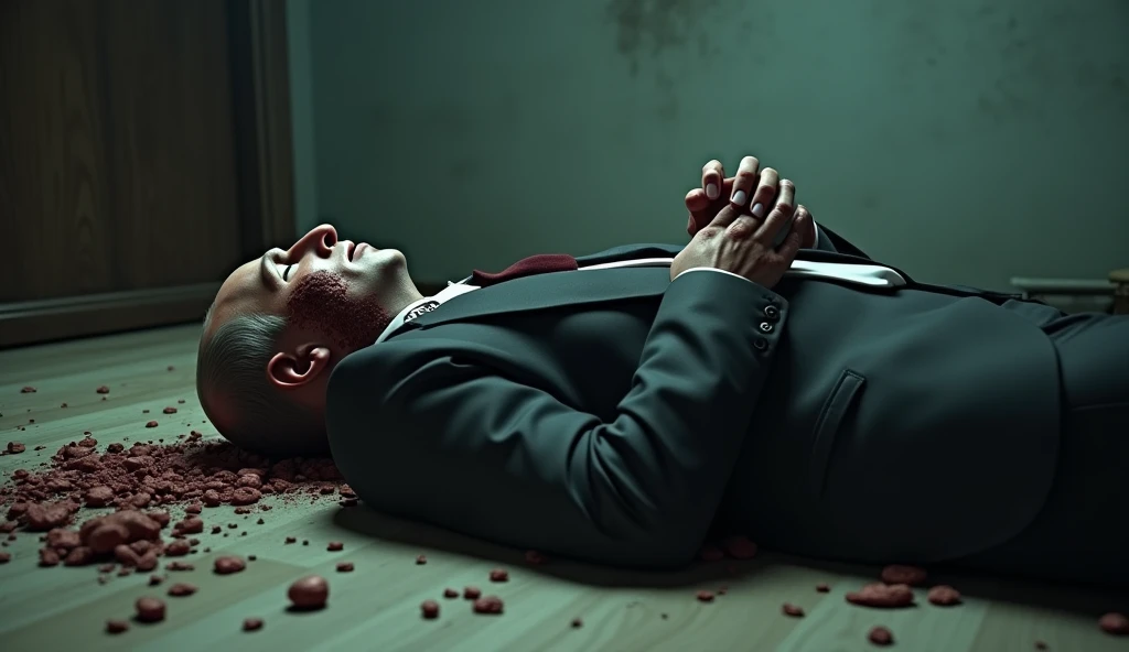 An old, skinny Japanese man in a suit was found dead on the floor in a gruesome manner.、His clothes and face were covered in blood and it was awful.。As if the whole body is in front。