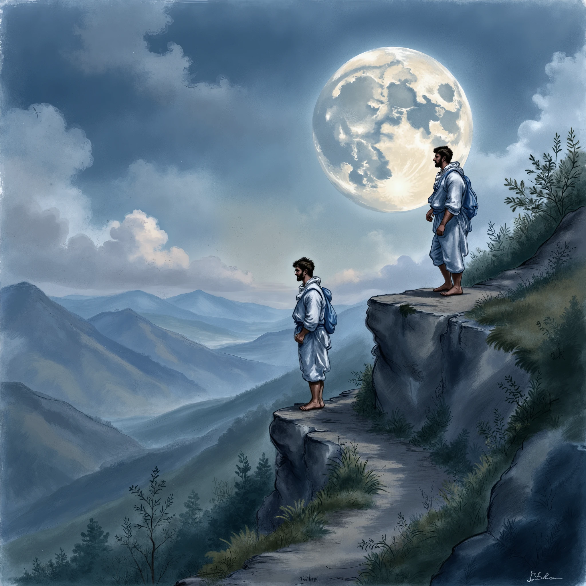 Refrence: " My book of bible story, Ancient Rome.
Two men walking up a mountain in evening, night time moon in the sky
(masterpiece best quality:1.2) delicate illustration ultra-detailed,