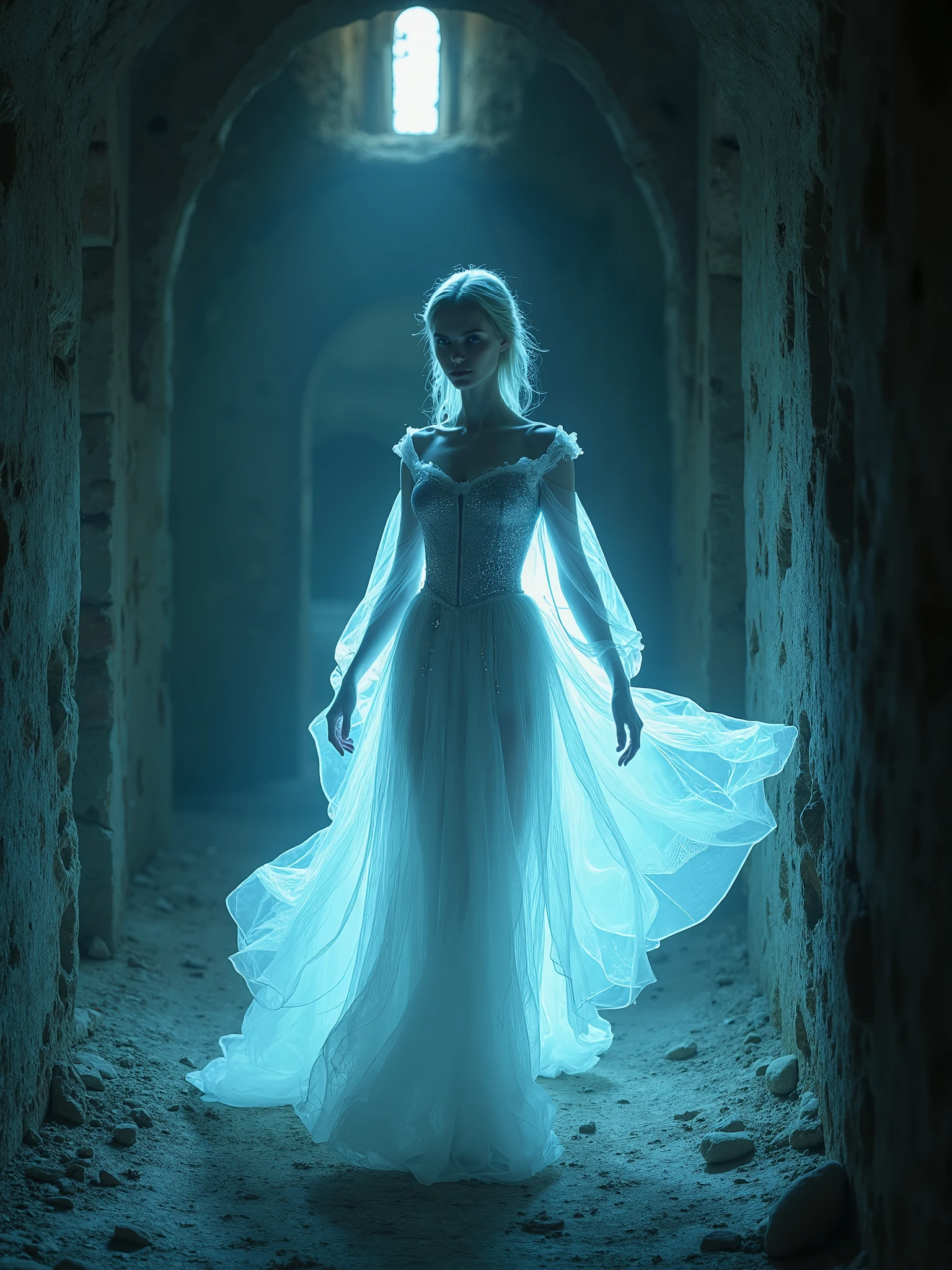 a photo of a ghoul, pale white skin, (transparent:1.4), (see through:1.4), blue glowing body, ghostly, ethereal dress, levitating, female, dungeon cell, spirit, horror, creepy, nightmare, detailed textures, harsh shadows, beautiful face,(ultra detailed:1.3), (detailed background:1.3), foreground details, depth, atmospheric, fog, artistic composition, cinematic lighting, masterpiece