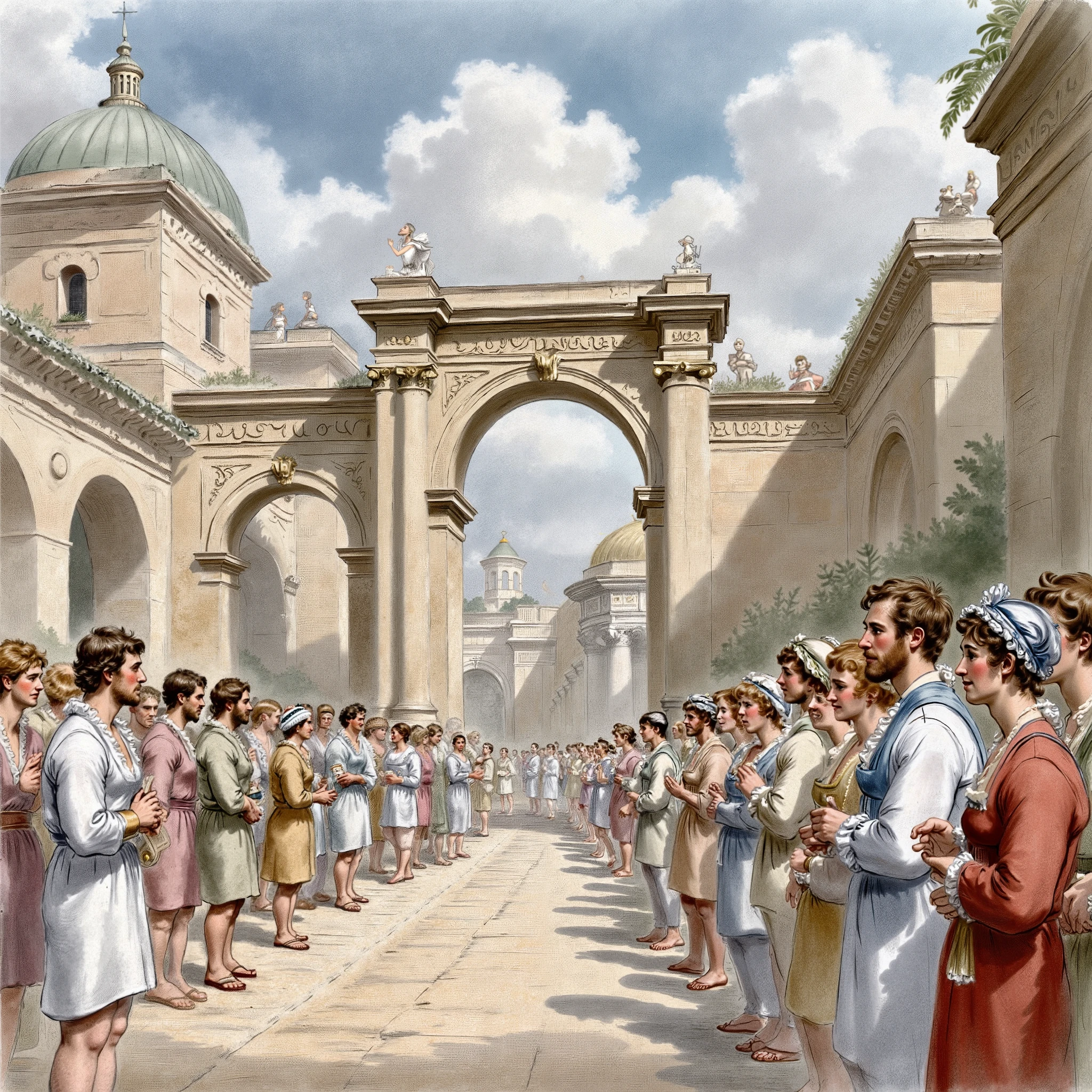 Refrence: " My book of bible story, Ancient Rome.

Onlookers men, women and ren standing at the city gate. 


 (masterpiece best quality:1.2) delicate illustration ultra-detailed,

