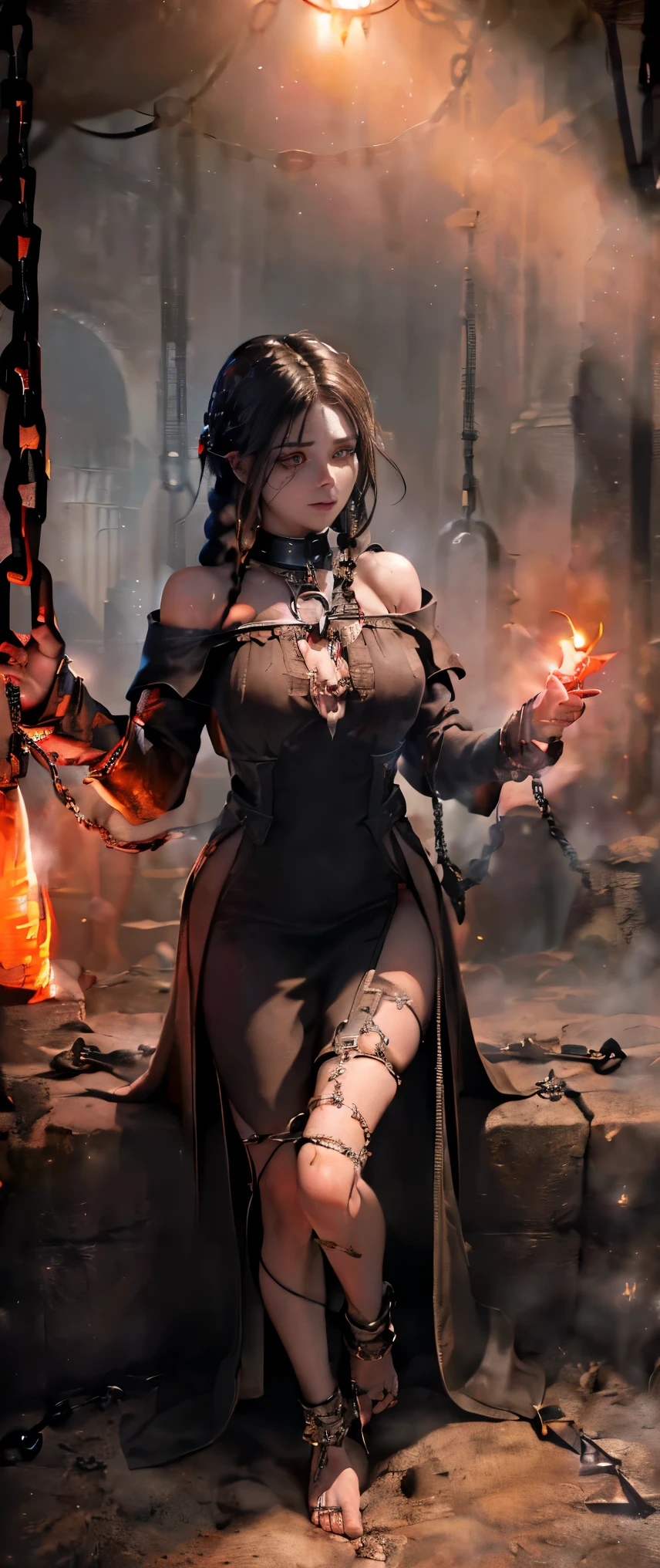 (( best image quality、Masterpiece、 best image quality、8k))、 Dark Medieval Catacombs ,  A woman in a white dress is standing, The First Vampire , (( Long Black Hair Braided at the Back ,  Wore an Old, Ragged Dress ,  Hands and Feet Chained ,  barefoot:1.5)),  Married Woman, Mature Woman,  mature woman,  Lots of Coffins Lined Up ,  I'll stare in the flames , ((Very dark, I can't see the deep underground ,  Where Light Can't Reach :1.5)), 