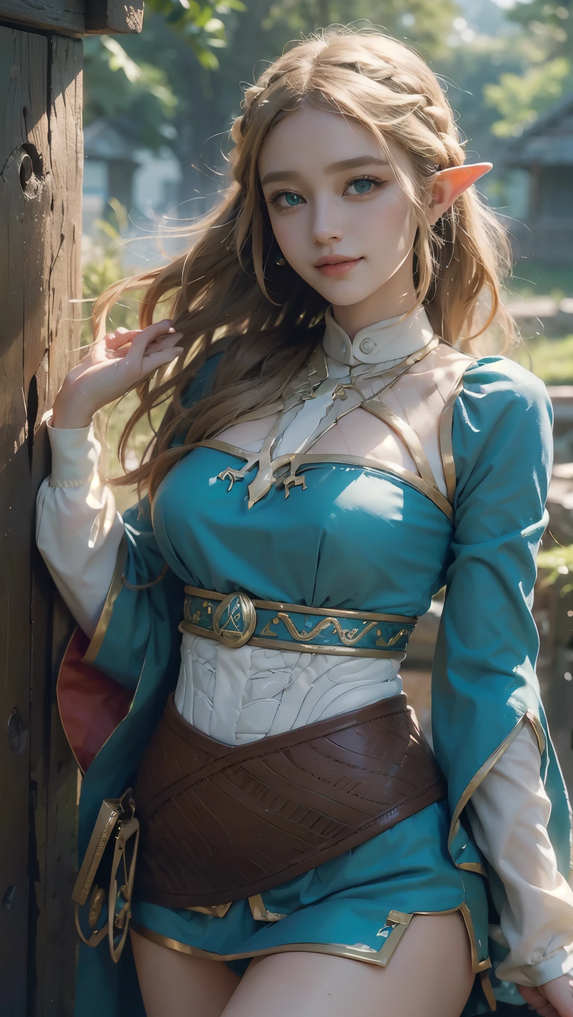 Zelda,(best qualityer,4K,8k,high resolution,work of art:1.2)(weather: cloudy), Japanese village background, Japanese garden, strapless top, long kimono sleeves, corset, belt, long dress trail, tight mini skirt, thigh high boots, eyeliner, long wavy hair, blonde hair, elf ears, ultra detailed, realistic, portrait, beautiful detailed green eyes, glowing eyes, blush, beautiful detailed lips, extremely detailed eye and face, long eyelashes, sexy, average, large breasts, beaming smile, flirty smile, powerful girl, sexy pose, stunning curves, bright coloured, dramatic lighting,