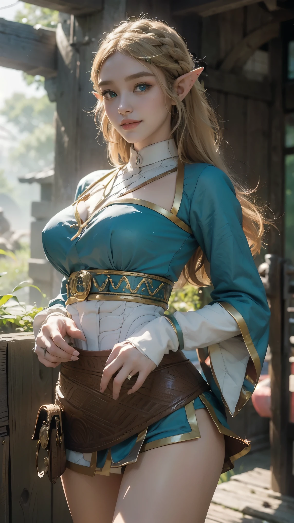 Zelda,(best qualityer,4K,8k,high resolution,work of art:1.2)(weather: cloudy), Japanese village background, Japanese garden, strapless top, long kimono sleeves, corset, belt, long dress trail, tight mini skirt, thigh high boots, eyeliner, long wavy hair, blonde hair, elf ears, ultra detailed, realistic, portrait, beautiful detailed green eyes, glowing eyes, blush, beautiful detailed lips, extremely detailed eye and face, long eyelashes, sexy, average, large breasts, beaming smile, flirty smile, powerful girl, sexy pose, stunning curves, bright coloured, dramatic lighting,
