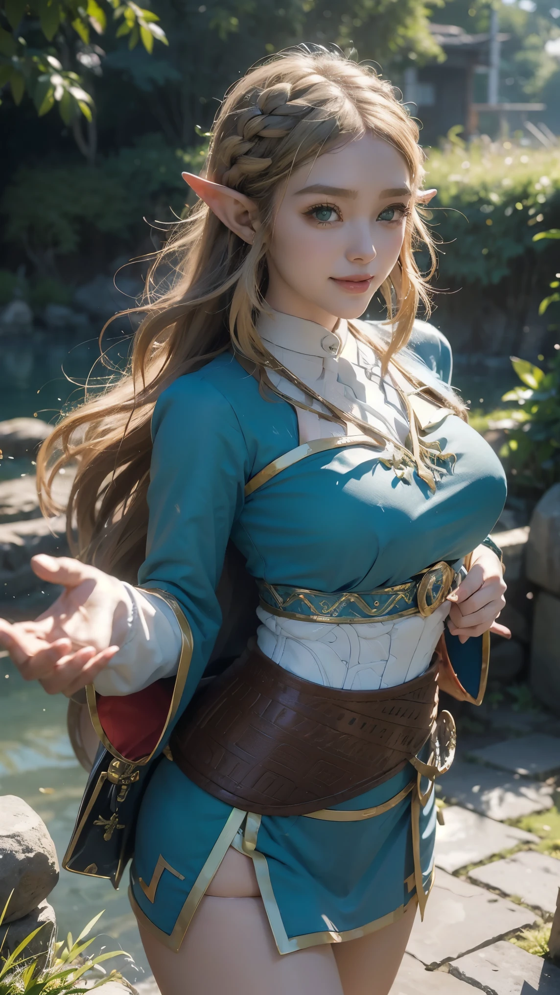 Zelda,(best qualityer,4K,8k,high resolution,work of art:1.2)(weather: cloudy), Japanese village background, Japanese garden, strapless top, long kimono sleeves, corset, belt, long dress trail, tight mini skirt, thigh high boots, eyeliner, long wavy hair, blonde hair, elf ears, ultra detailed, realistic, portrait, beautiful detailed green eyes, glowing eyes, blush, beautiful detailed lips, extremely detailed eye and face, long eyelashes, sexy, average, large breasts, beaming smile, flirty smile, powerful girl, sexy pose, stunning curves, bright coloured, dramatic lighting,
