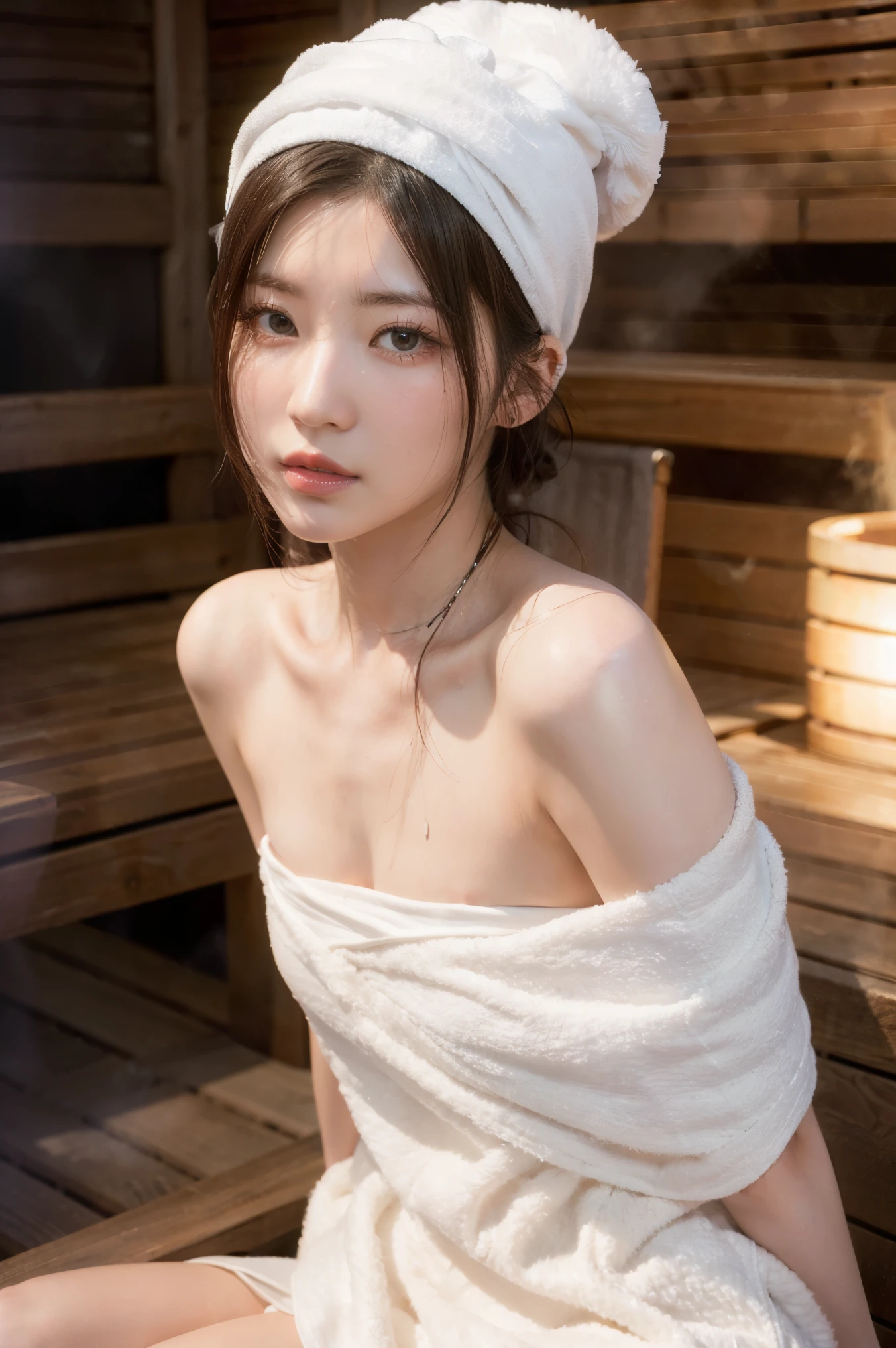 1Girl, Solo, (Masterpiece, Best Quality, 8K,,Photorealistic, real girl, mulberry:1.37), looking up at viewer, 1 dainty Japan, Slender body type: 1.1, Small breasts, Sitting, sauna, Double eyelids, Droopy Eyes, A dark-haired, (Sweaty face, Sweaty body: 1.2): 0.2, (White Oversized Towel Dress, strapless), (small in size, White Towel Turban: 1.1),, realistic body, makeups, Gloss slip, focus on face, smaller face, Sharp focus, Layered Cut, facing the viewer, The sauna has the following.., shot from the front