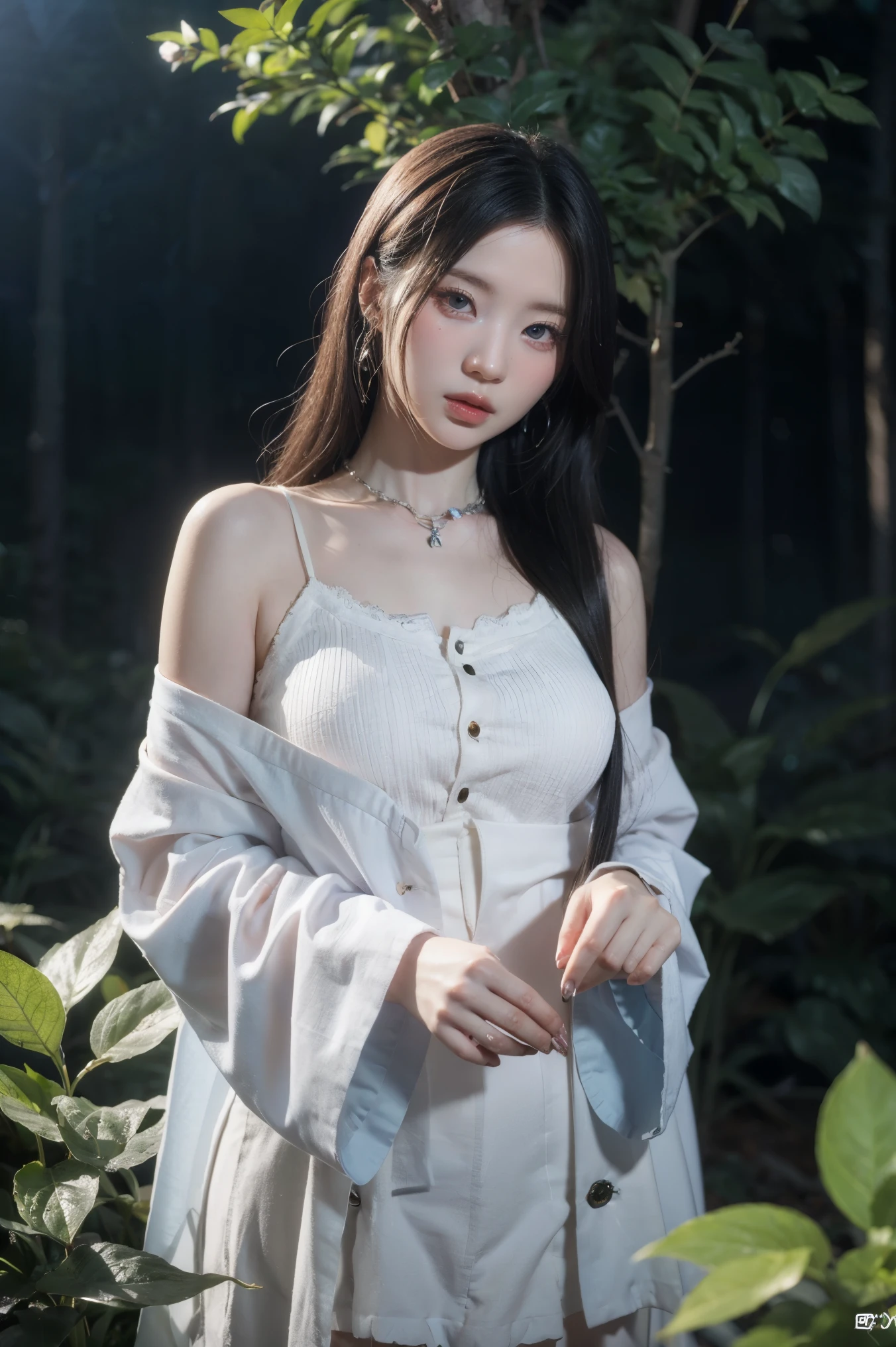 A highly detailed, ethereal and glowing blue-eyed fox spirit, surrounded by glowing butterflies in a night time fantasy forest, realistic, extremely detailed