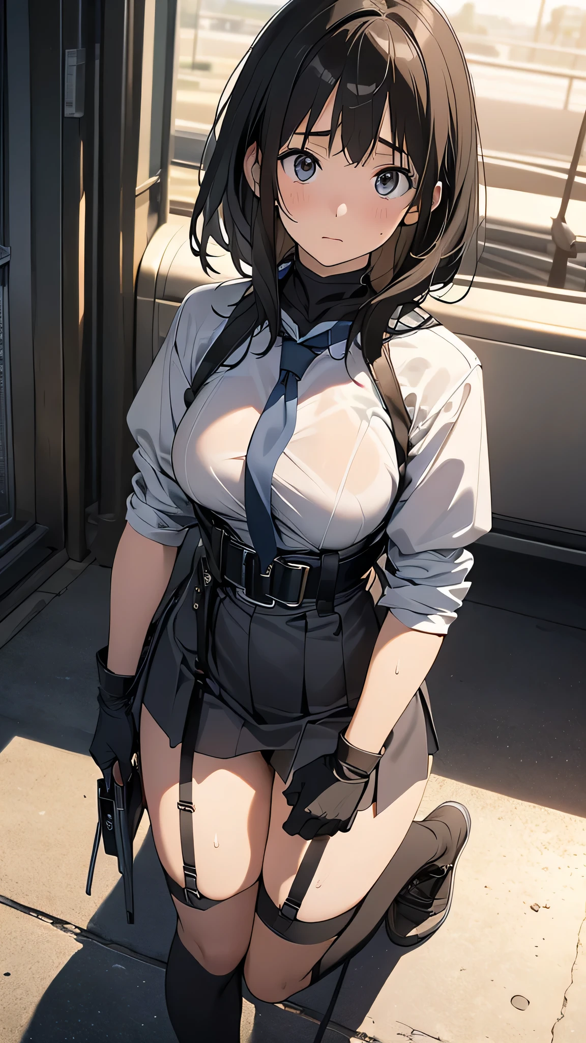 High Quality , Masterpiece, super high definition, ( realism: 1.4), oil painting style , movie lights, , I stood on an empty asphalt road watched it.., 、 Flying Crane Hanging Leather big breasted Small face lying down looks up at the sweat belt buzzer 脇sweat black hole gloves suit miniskirt garterbelt Footlink ズボンのbelt place hs on back restless expression looks up at the restless expression Knee-length Knee-High Socks Knee-length socks garter belt garter Garterbelt on thighs, place hs on back limit hcuffs Cable ties Cable ties on thumbs big boobs