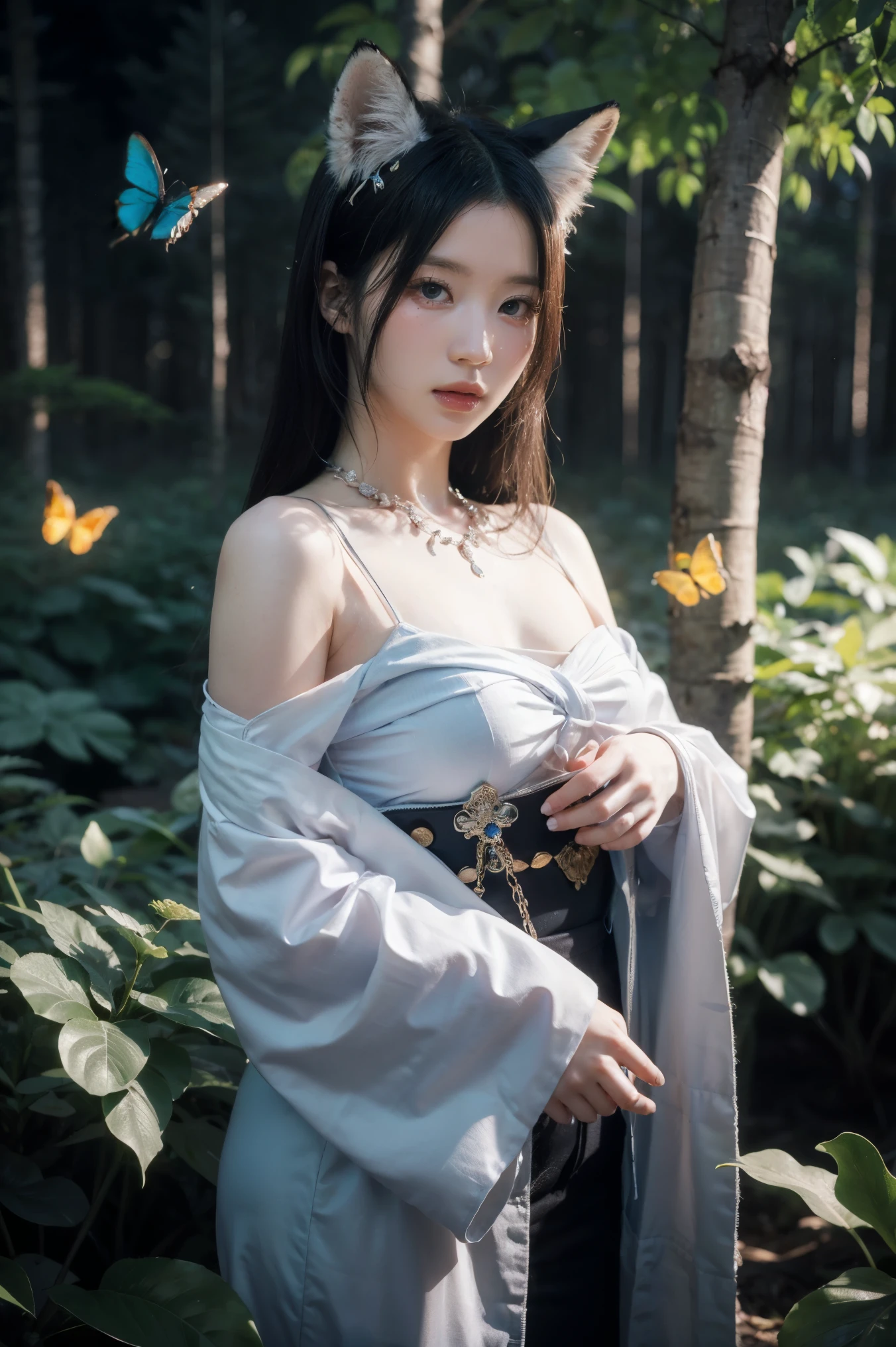 A highly detailed, ethereal and glowing blue-eyed fox spirit, surrounded by glowing butterflies in a night time fantasy forest, realistic, extremely detailed
