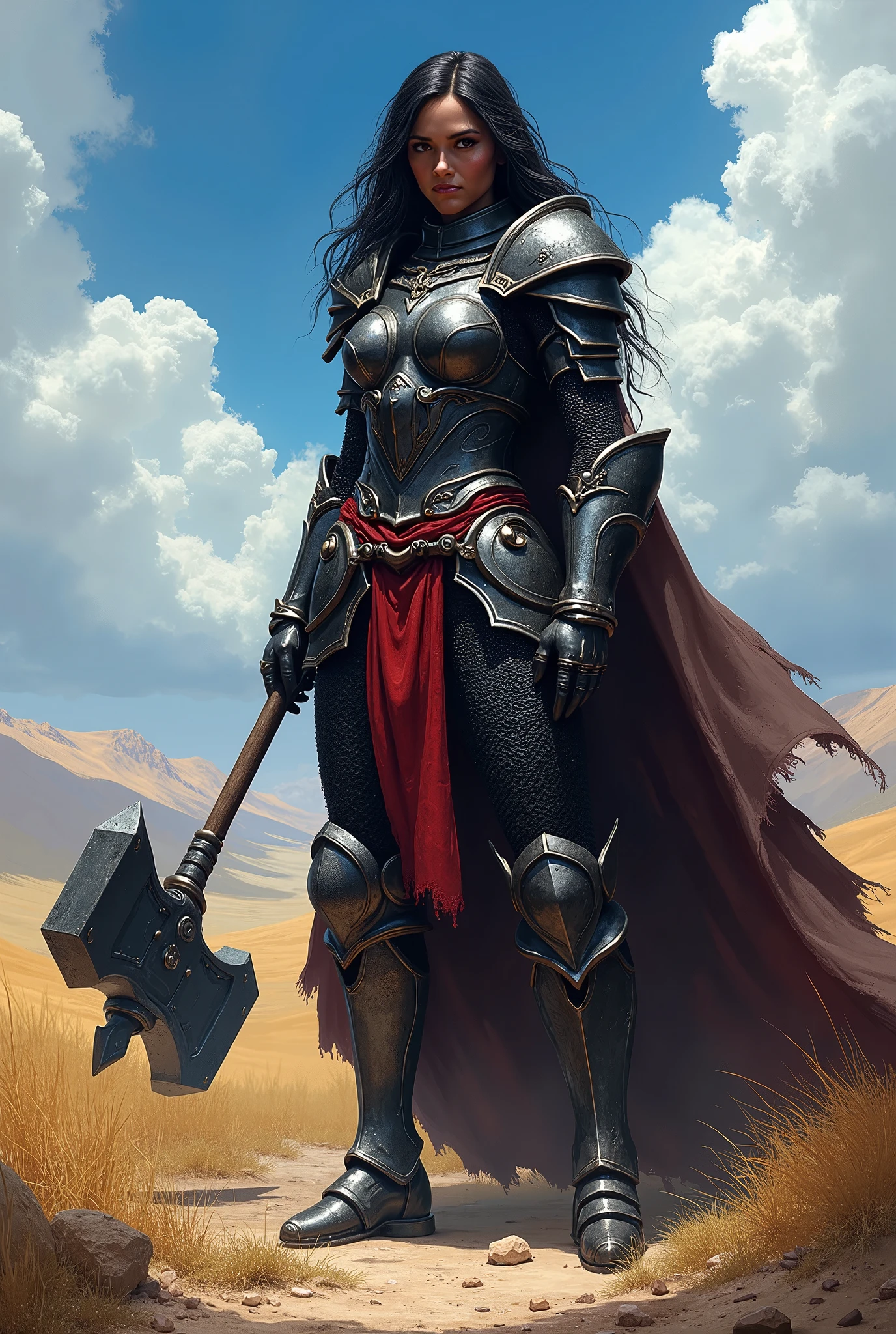 In RPG style, in style of Dungeons & Dragons, in style of fantasy painting. Full body view, looking at the viewer. Image of a female knight, holding warhammer. Dark skin. Black metal Sauron style armor with red elements. Dark pants. Wearing dark brown Cloak. Standing with both feet on the valley path. Savannah Landscape in the background. The sky is blue with white clouds.