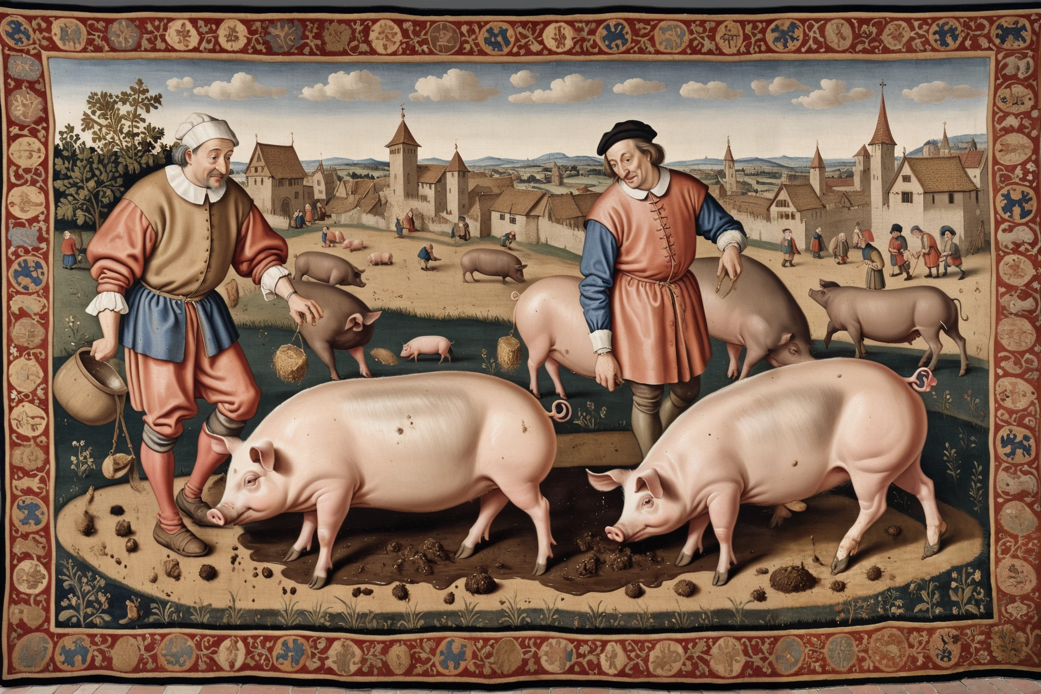 Europe、Doctor applying pig feces to a muddy man, medieval carpet style , Hyperrealism, 1600s, more details