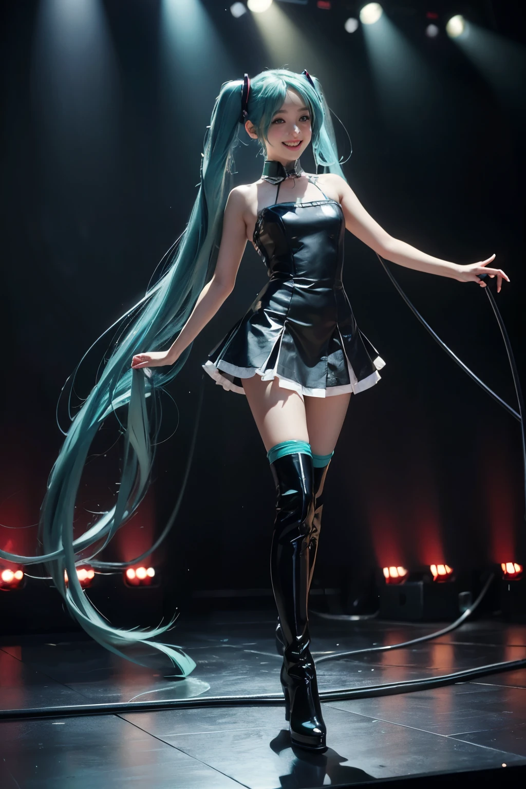 real 、 Hatsune Miku、 photorealistic、masterpiece、 best quality 、Idol_costume、Knee Boots、 One Girl、solo、smile、Idol、whole body、 viewers、 long dark hair、 green twin tail、I'm standing on a stage where no one else is、 Stage Spotlight