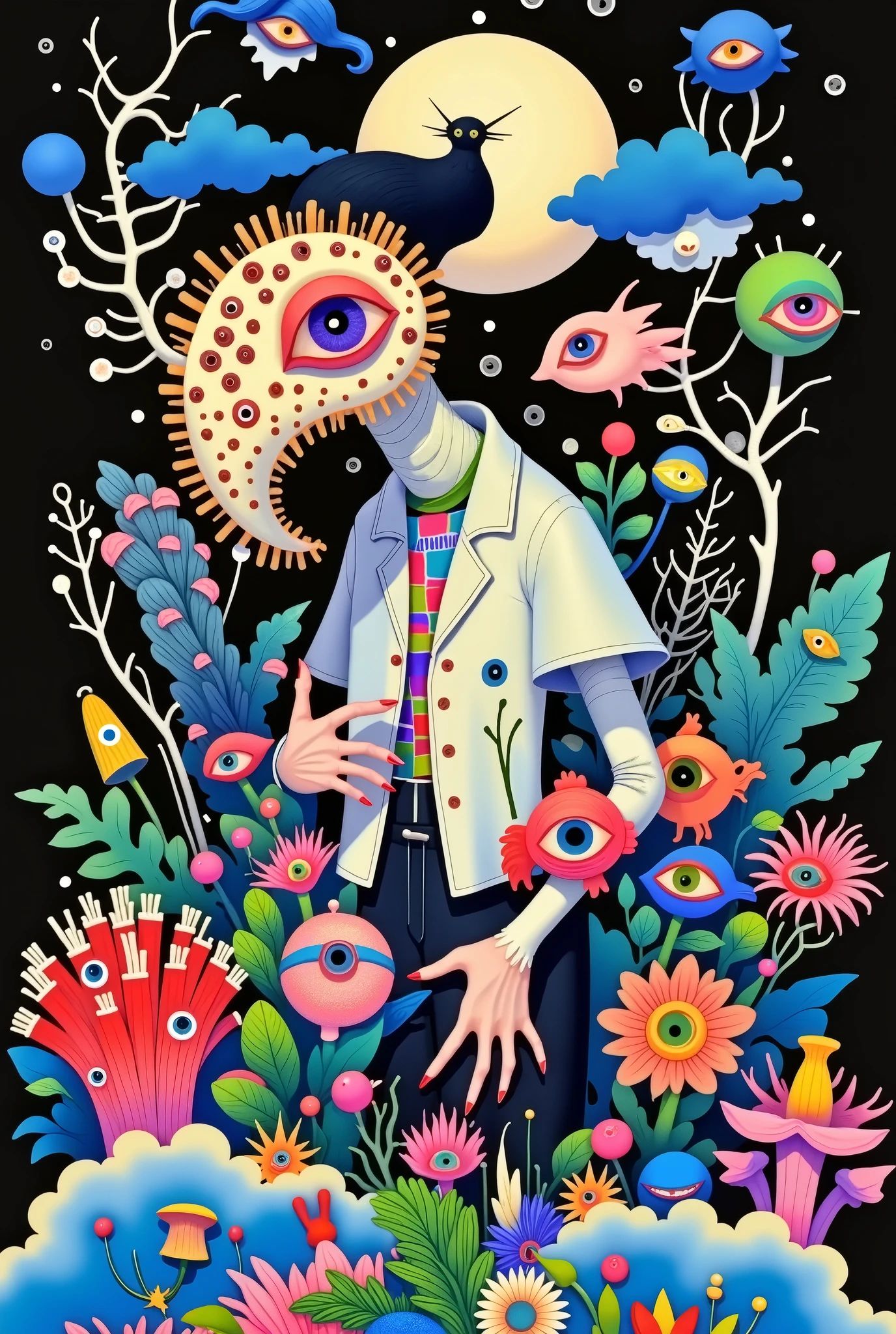 a quirky surreal 3D illustration, a strange humanoid figure, house with legs and teeth, plants with eyes, inspired by Yonai Hiroki, surreal psychedelic art, psychedelic surreal artwork, vibrant flat surreal, psychedelic surreal design, colorful illustrations, colorful paintings, psychedelic painting, vibrant flat surreal design, psychedelic art style