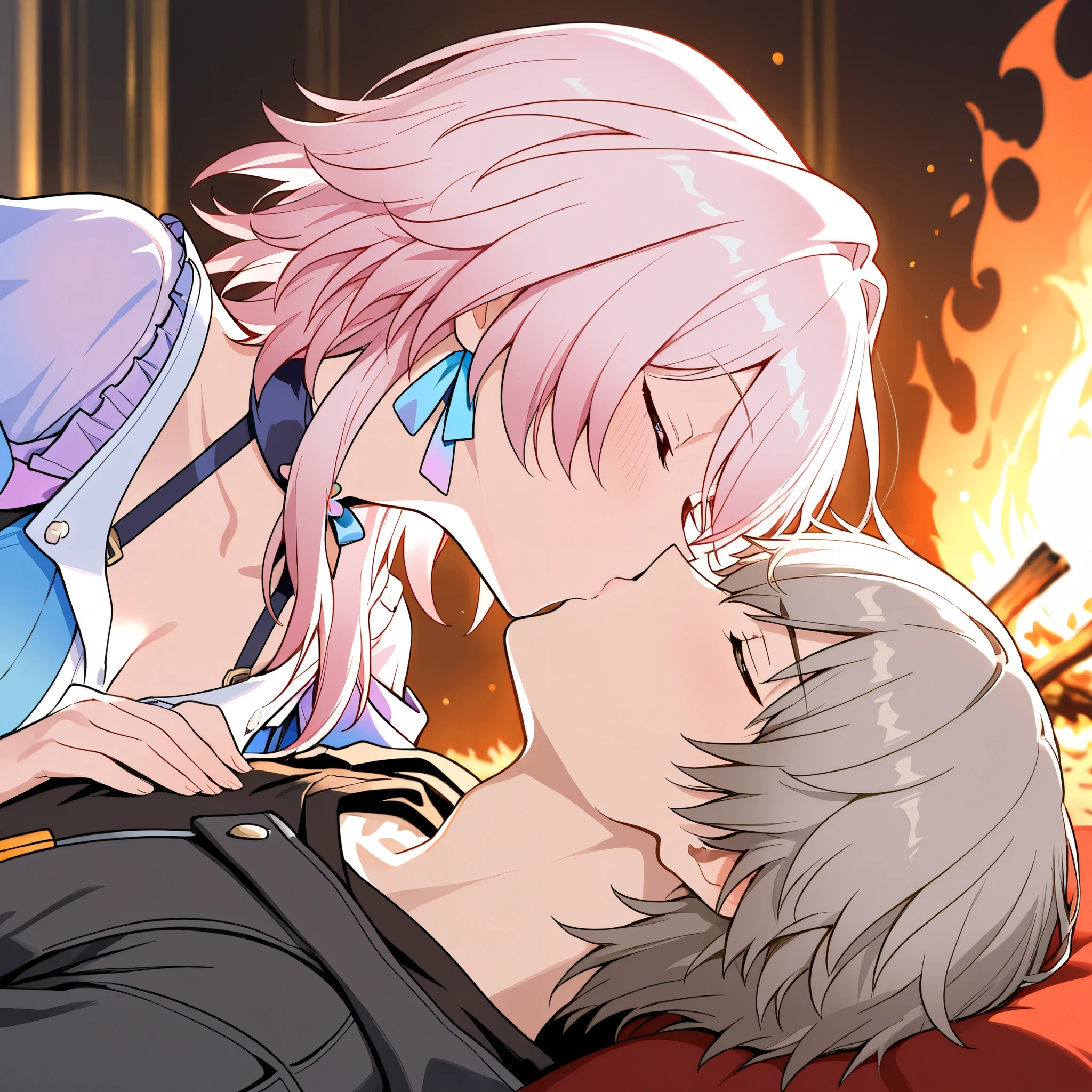 Love couple, Caelus and March 7th Honkai Star Rail, kissing each other, masterpiece, best quality, bonfire in background