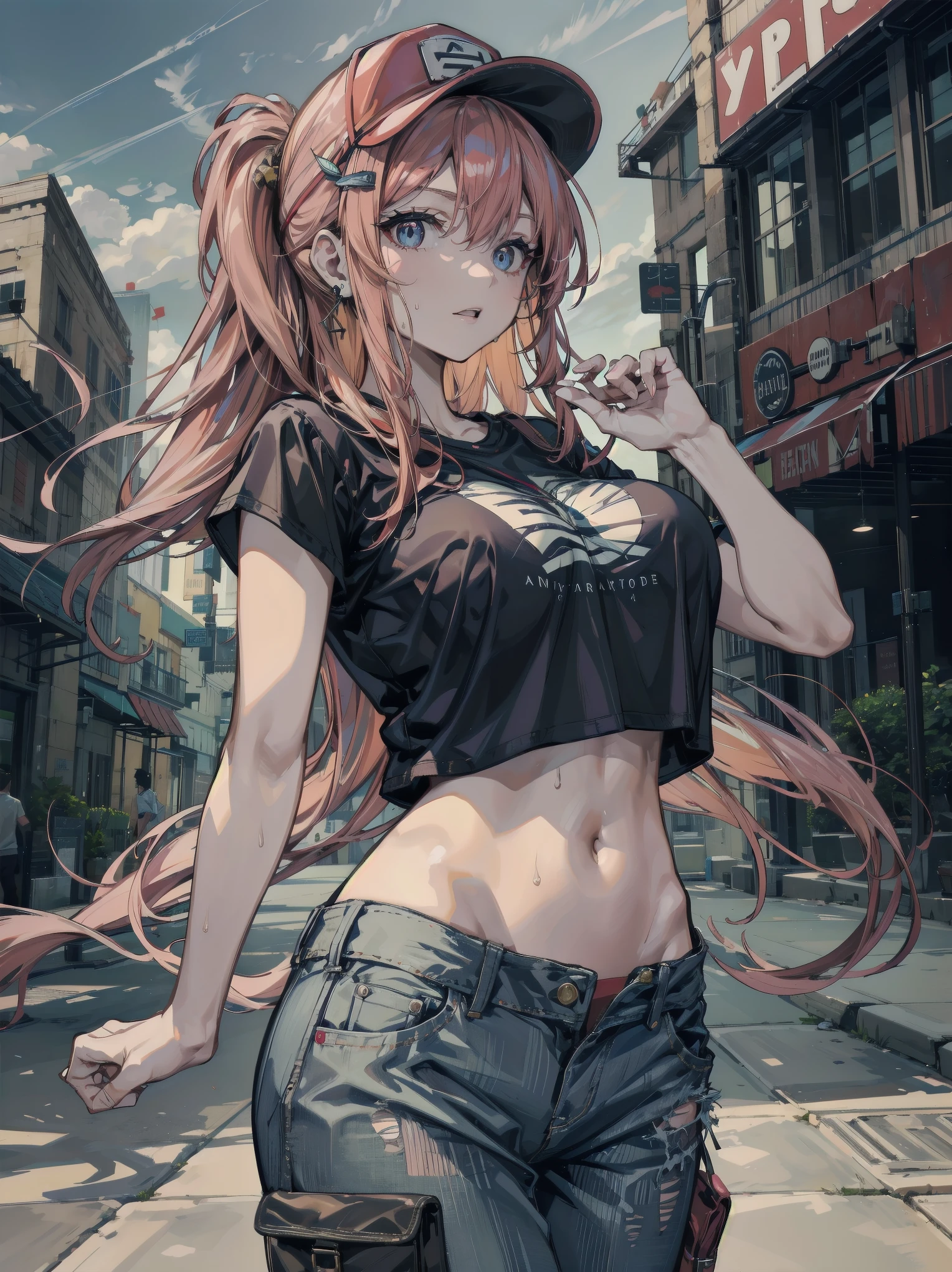 (((masterpiece, Highest quality:1.3,absurdres))),25 year old beauty,solo,((very small head:1.3)),long hair,bangs,dark red hair,dark red eyes,gorgeous eyes,shy,tongue、drooling,big breasts,((very long body:1.3)),((toned body,slender body)),skinny,((tan skin)),gleaming skin,shiny skin,sweat,((orgasm,Love juice dripping down thighs)),(White tank top、Yellow pleated mini skirt),arms up,kneeling,on street,Back Alley、New York City、