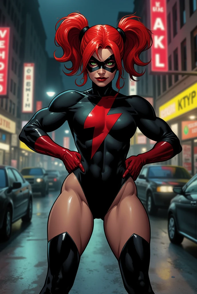 Night is a supervillain with bright red hair in puffy pigtails, green eyes, long lashes, freckles, and a strong jaw, she wears a black leotard with long sleeves and a red lightning bolt on her chest, long black boots and long red gloves, and a black domino mask, bare legs. She has a muscular but feminine physique exuding great strength as well as beauty. show her hovering upright in mid air with her feet off the ground and her hands on her hips in a confident pose, straight back chest puffed, looking down at the camera with a serious expression, with a full body view. Her hands are on her hips, her hips and thighs are bare. The background is a city scape, she descends feet first from the air. the lighting is volumetric with a beam of sunlight illuminating her. use a dramatic comic book style with rich detail