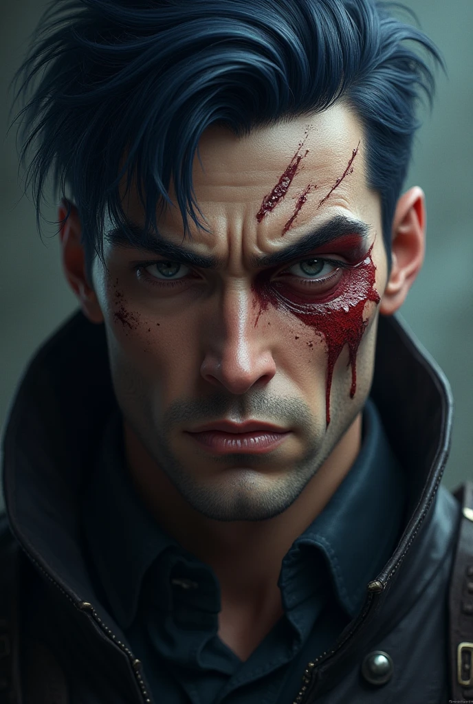 Realistic, detailed, male, soldier, face, dirt and blood smudge on face, facial hair stubble, sweat, blue eyes, sad expression,