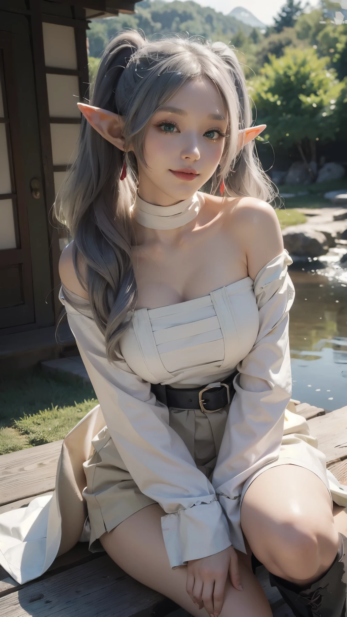 Frieren,(best qualityer,4K,8k,high resolution,work of art:1.2)(weather: cloudy), Japanese village background, Japanese garden, strapless top, long kimono sleeves, belt, tight mini skirt, black pantyhose, high boots, eyeliner, long wavy hair, twin tails, gray hair, elf ears, ultra detailed, realistic, portrait, beautiful detailed green eyes, glowing eyes, blush, beautiful detailed lips, extremely detailed eye and face, long eyelashes, sexy, average, large breasts, beaming smile, flirty smile, powerful girl, sexy pose, stunning curves, bright coloured, dramatic lighting,