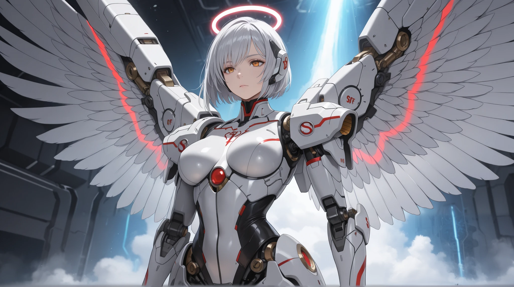 Anime girl with white wings and red halo standing in a dark room ...