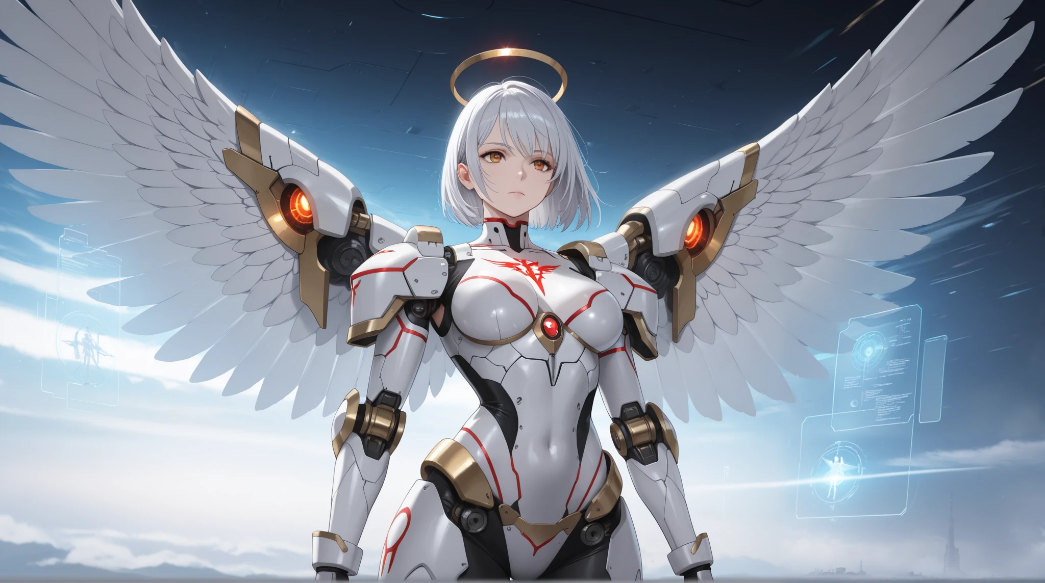 (( best quality )),( super high definition),( very detailed),( Detailed explanation ),(( best CG )),( Best Works of Art ), Ultra Precision Art , Amazing Painting Art,( Exact Detailed Art:1.5), Female Mechanical Angel , Core Embedded in the Center of the Chest, Jet Angel Wings , Hologram Angel Ring, SF Blade , SF Heavy Weapon , Metallic Red Line , expressionless , Vivid ,